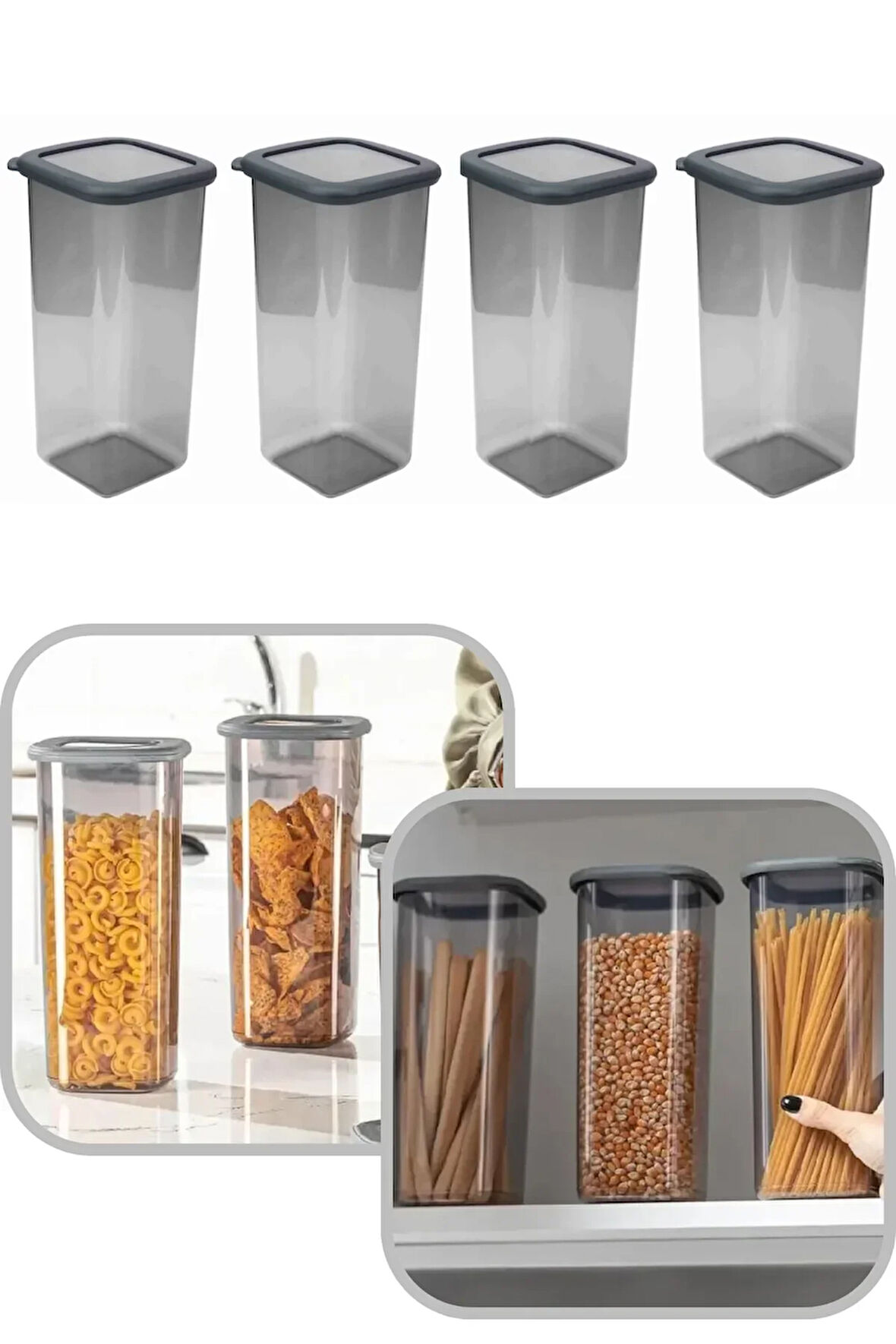 1600 ml Gri Kare Saklama Kabı Silikon Kapak Hava Geçirmez Kuru Baklagil Kahve Bakliyat Makarna Kutu