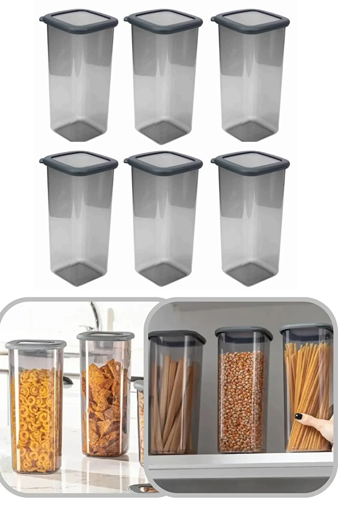 1600 ml Gri Kare Saklama Kabı Silikon Kapak Hava Geçirmez Kuru Baklagil Kahve Bakliyat Makarna Kutu
