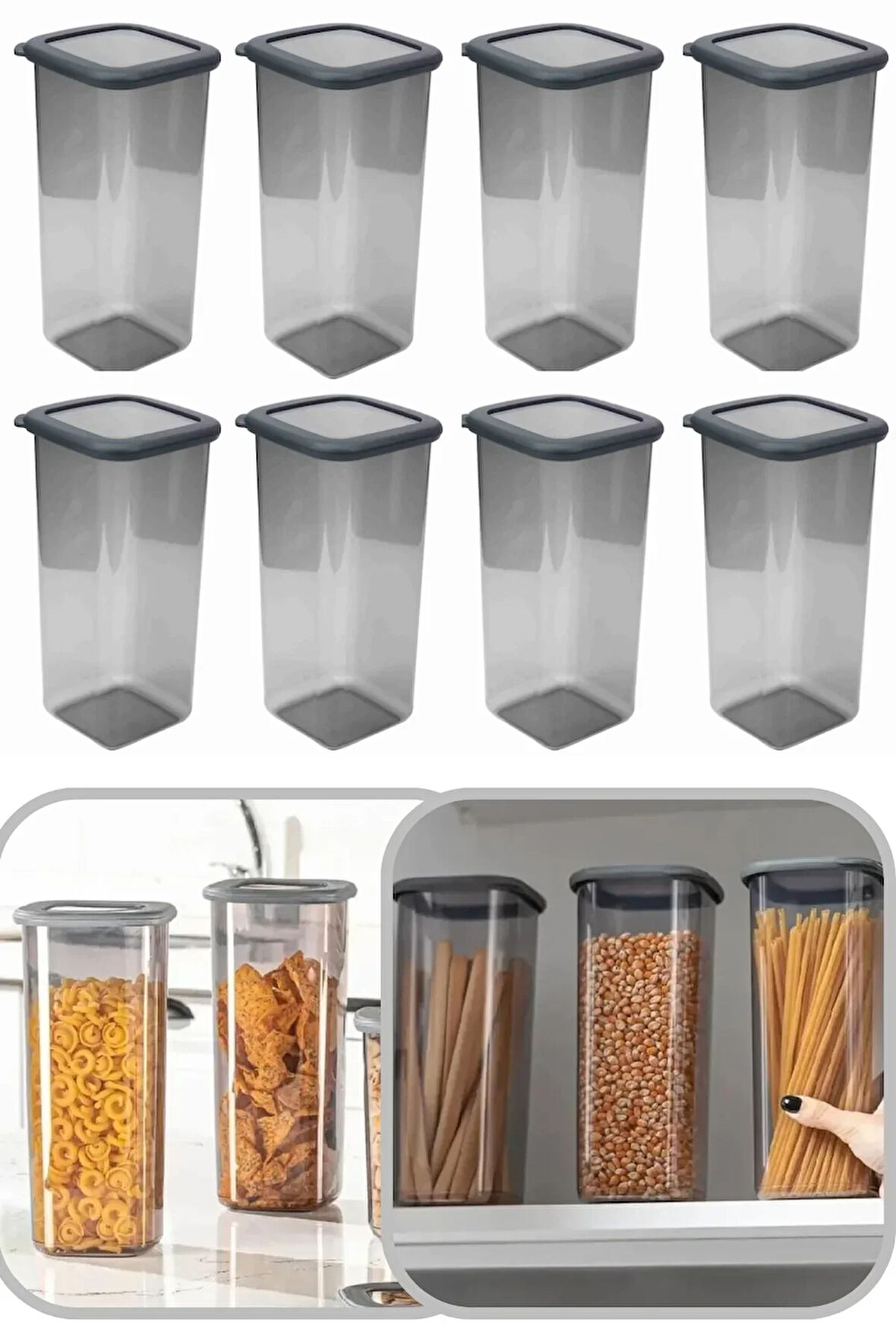 1600 ml Gri Kare Saklama Kabı Silikon Kapak Hava Geçirmez Kuru Baklagil Kahve Bakliyat Makarna Kutu