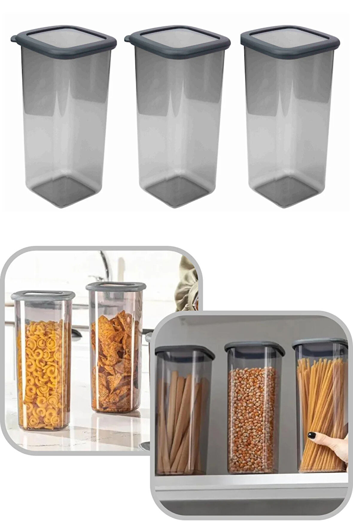 1600 ml Gri Kare Saklama Kabı Silikon Kapak Hava Geçirmez Kuru Baklagil Kahve Bakliyat Makarna Kutu