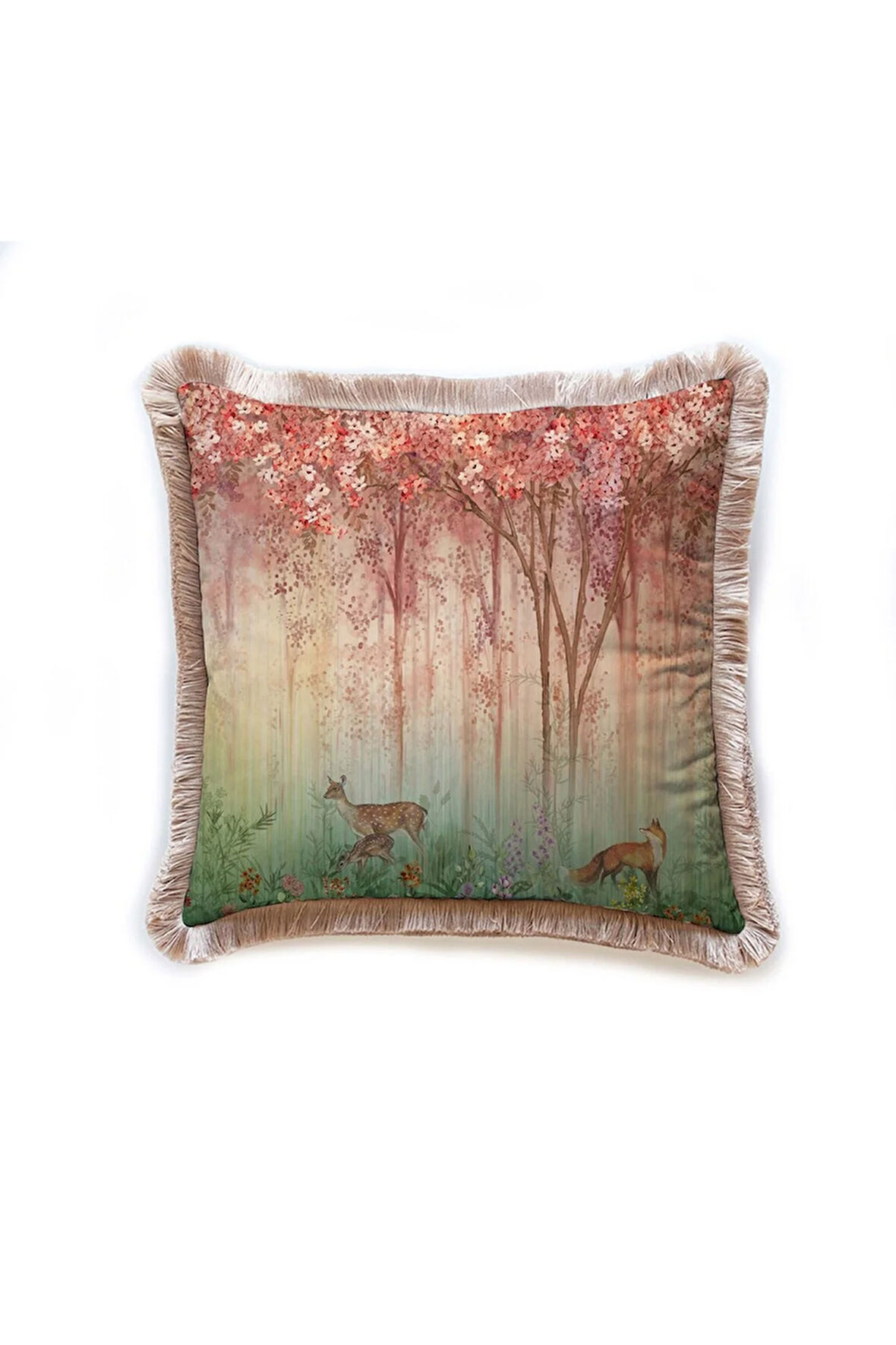 Red Mini Flowers and Gazels Yastık 45x45cm -Dolgu Boncuk Elyaf, Ulusl. Yıkama Ve Solmama Sertifikası