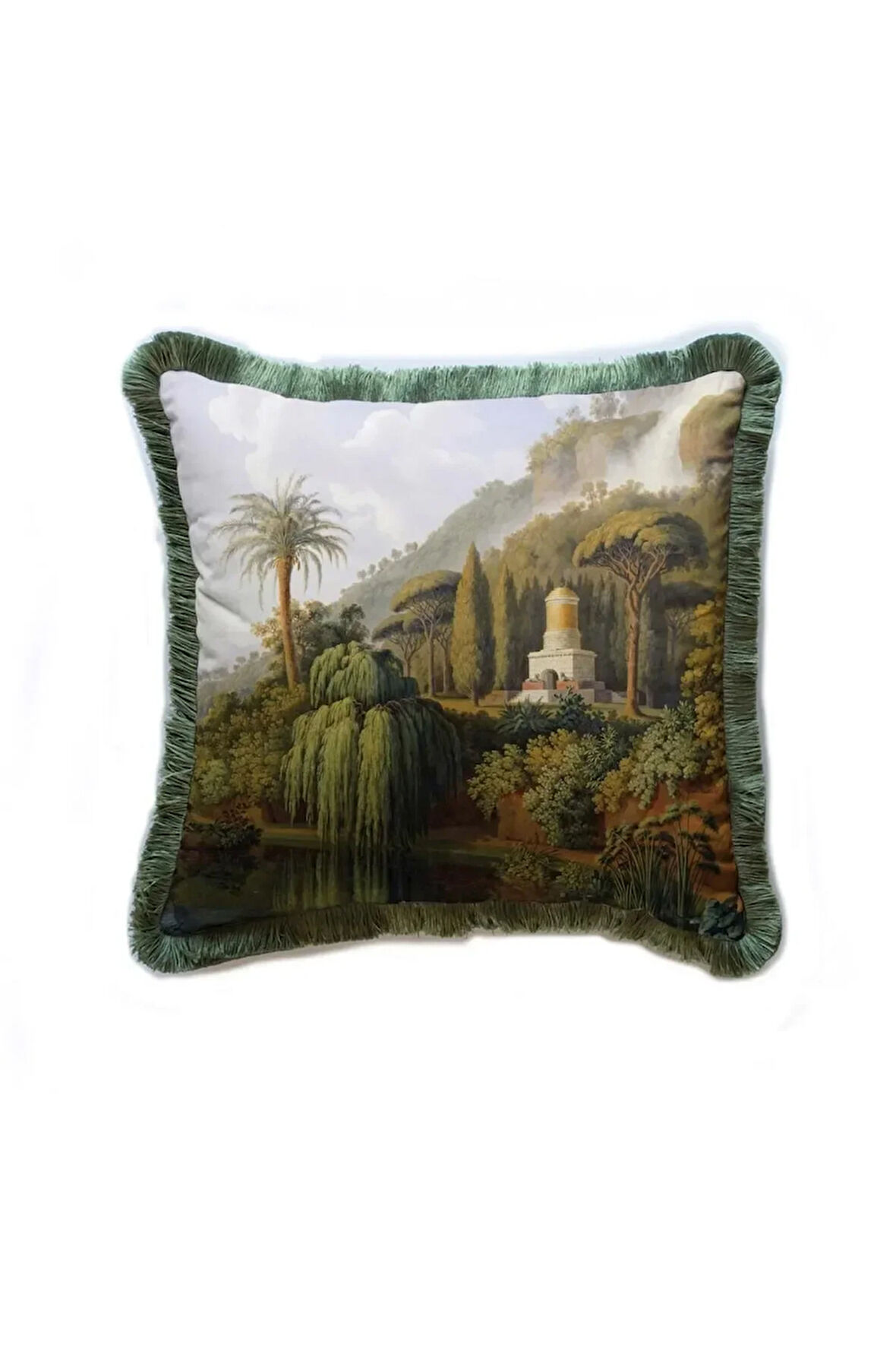 Yeşil Orman Manzaralı Kadife Yastık (Dolgu Boncuk Elyaf, Uluslararası Yıkama Ve Solmama Sertifikası)