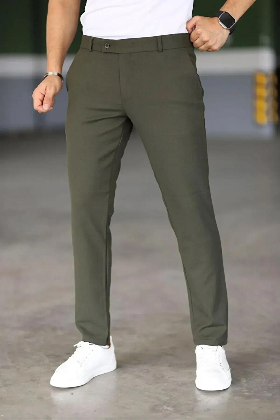 Erkek Haki Italyan Kesim Likralı Kumaş Pantolon Dar Kesim Boru Paça Spor Tarzı Klasik Pantalon
