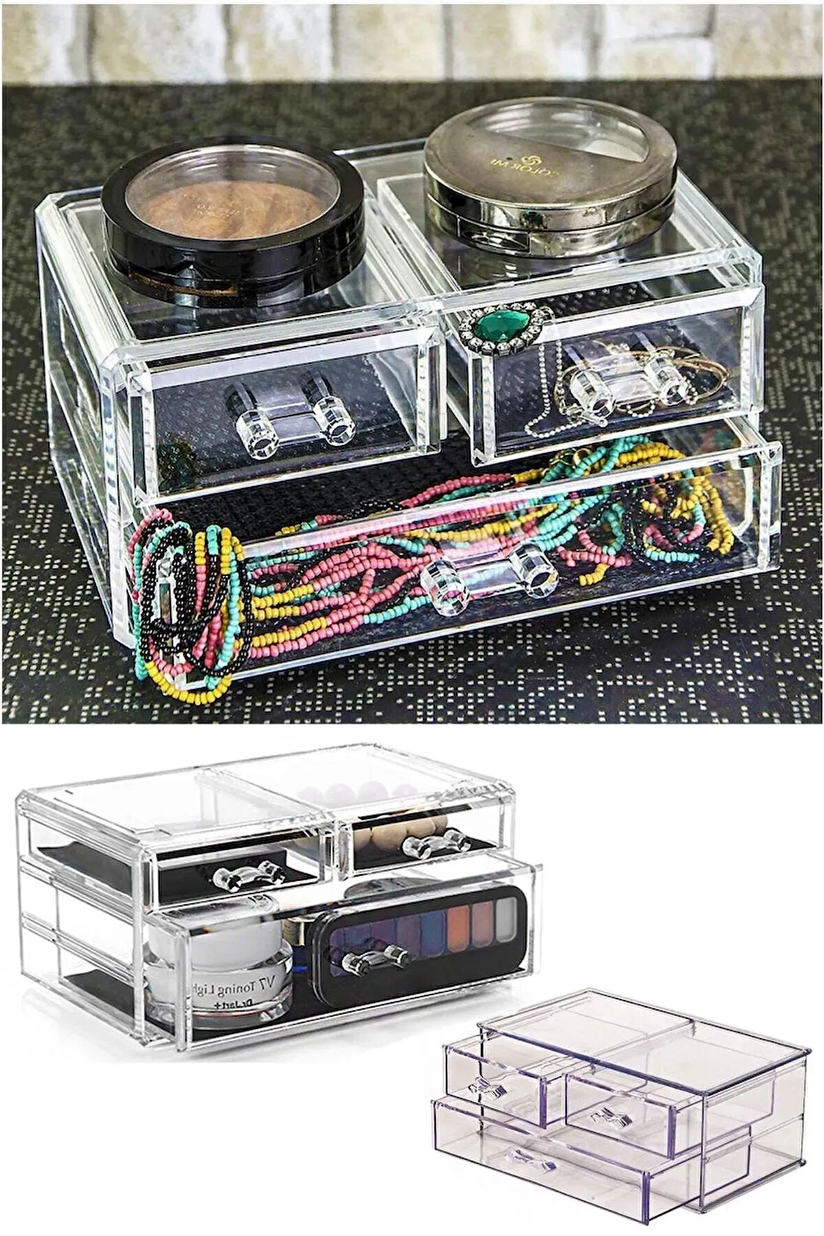 Çekmeceli Kozmetik Malzeme Organizeri Büyük Kristal Makyaj Masa Organizatörü Düzenleme Çekmece Kutu