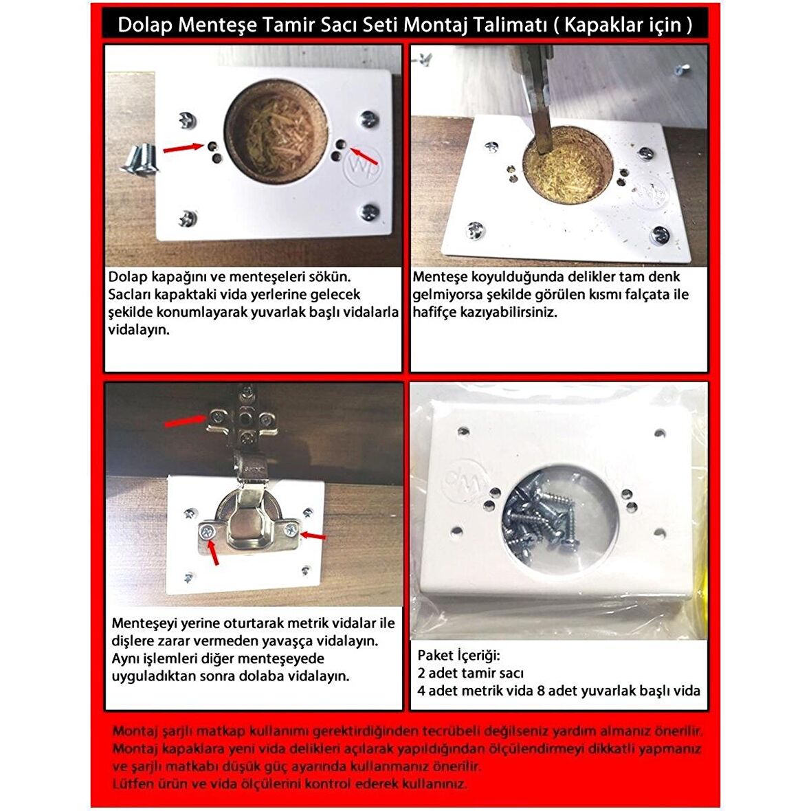 Dolap Menteşe Tamir Sacı Seti Kapak Kısmı Yuva İçin 2 li