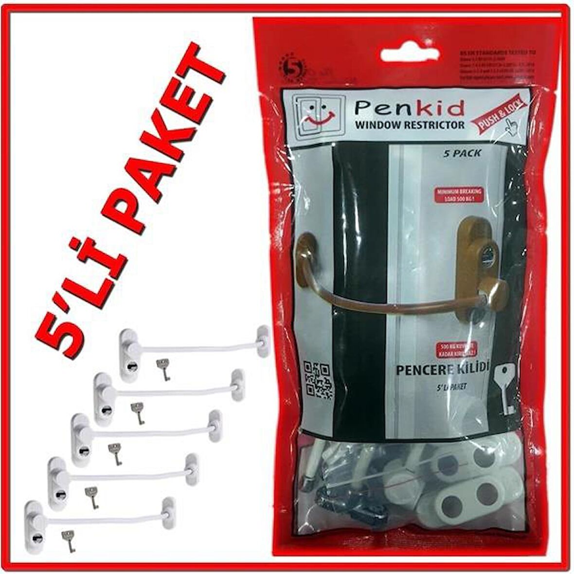 Penkid Çelik Halatlı Pvc Pencere Emniyet Kilidi Beyaz 5 li Set