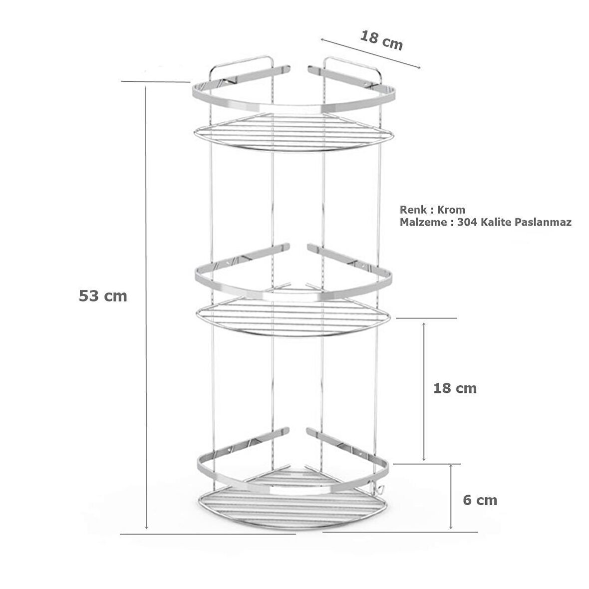Tema 3 Katlı Köşelik Banyo Rafı Şampuanlık Krom Paslanmaz 