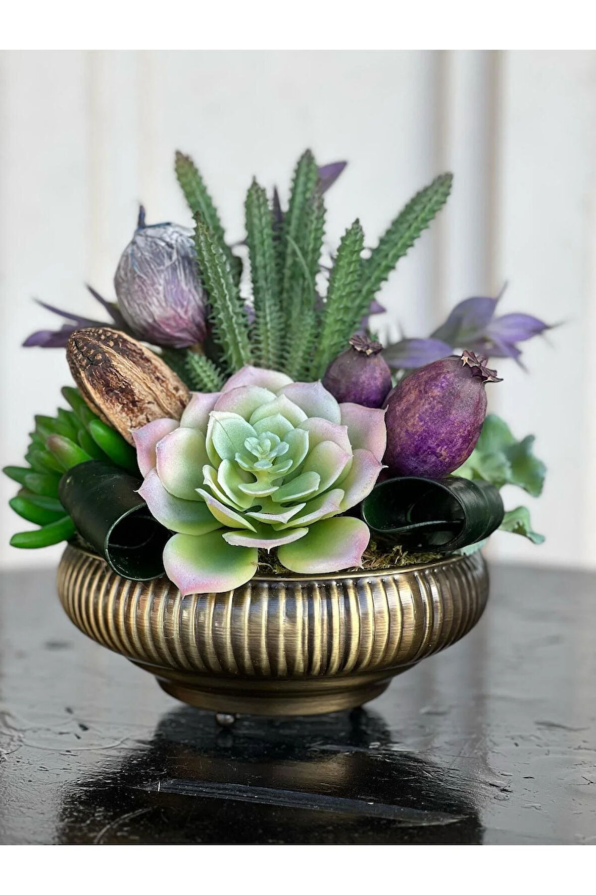 Yapay Sukulentli Küçük Boy Çizgili Yassı Vazo No:1