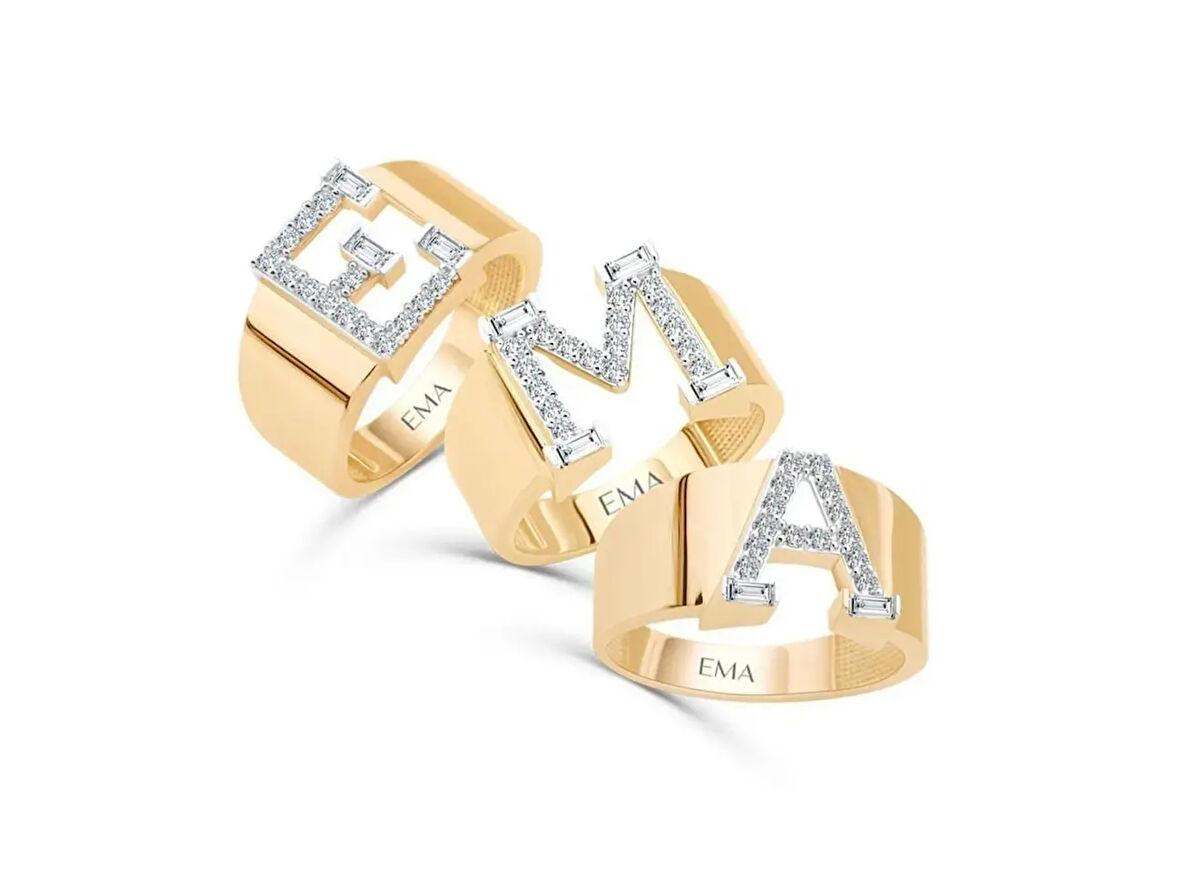 Altın Baget Taşlı Harf Yüzük