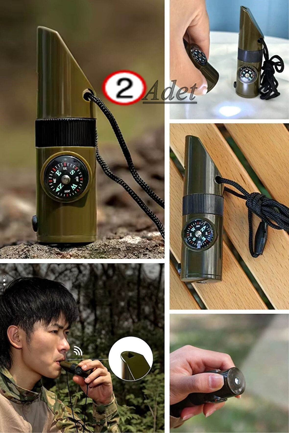 2 Adet 7si1arada Acil Durum Düdüğü,El Feneri, Termometre,Pusula,Büyüteç, Hazne Kampçı Düdüğü