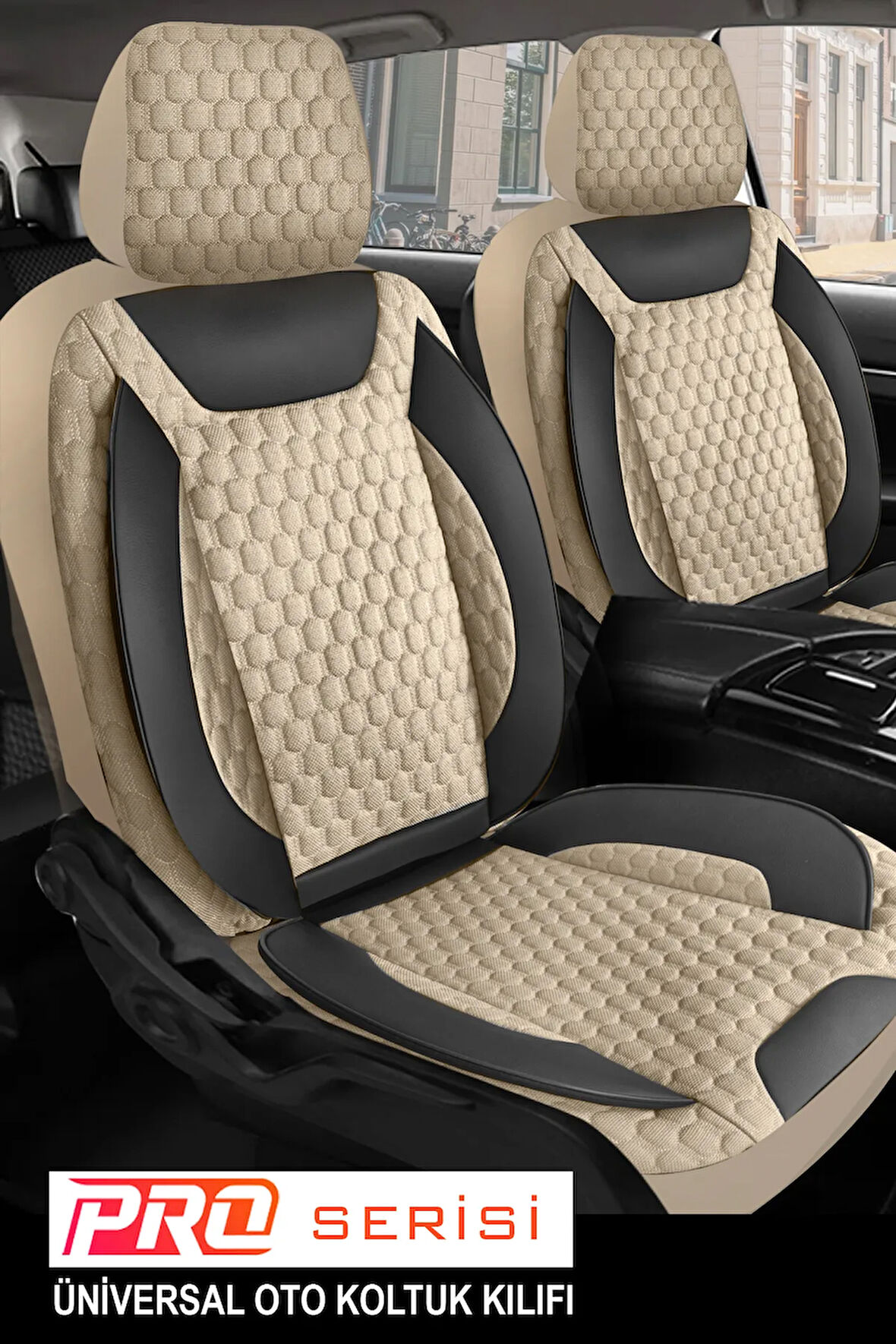 Lada 2107  Uyumlu 5 KOLTUK TAM SET PRO Lüks Oto Koltuk Kılıfı - Deri ve Kabartmalı Özel Kumaş (Ön Arka Tam Set - Terletmez) BEJ
