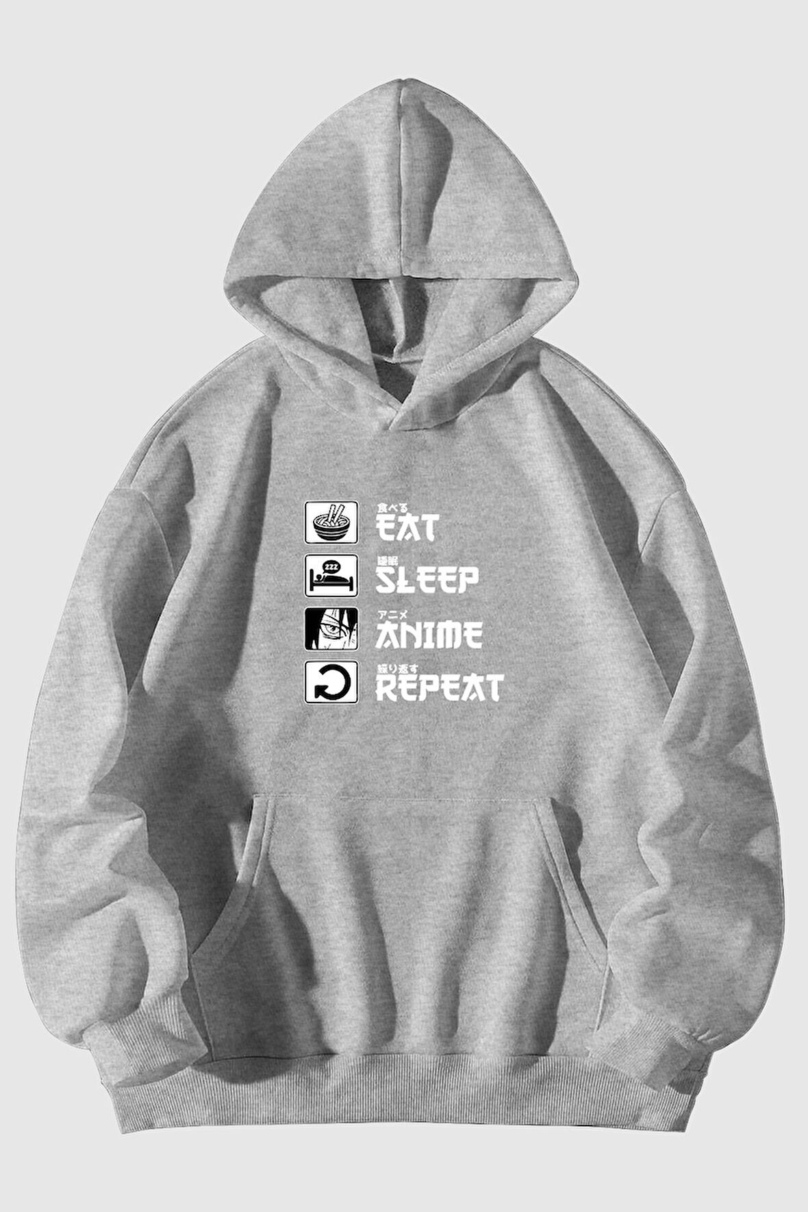 Eat Sleep Anime Repeat Baskılı Unisex Siyah Kanguru Cepli Kapüşonlu Sweatshirt Hoodie | XL