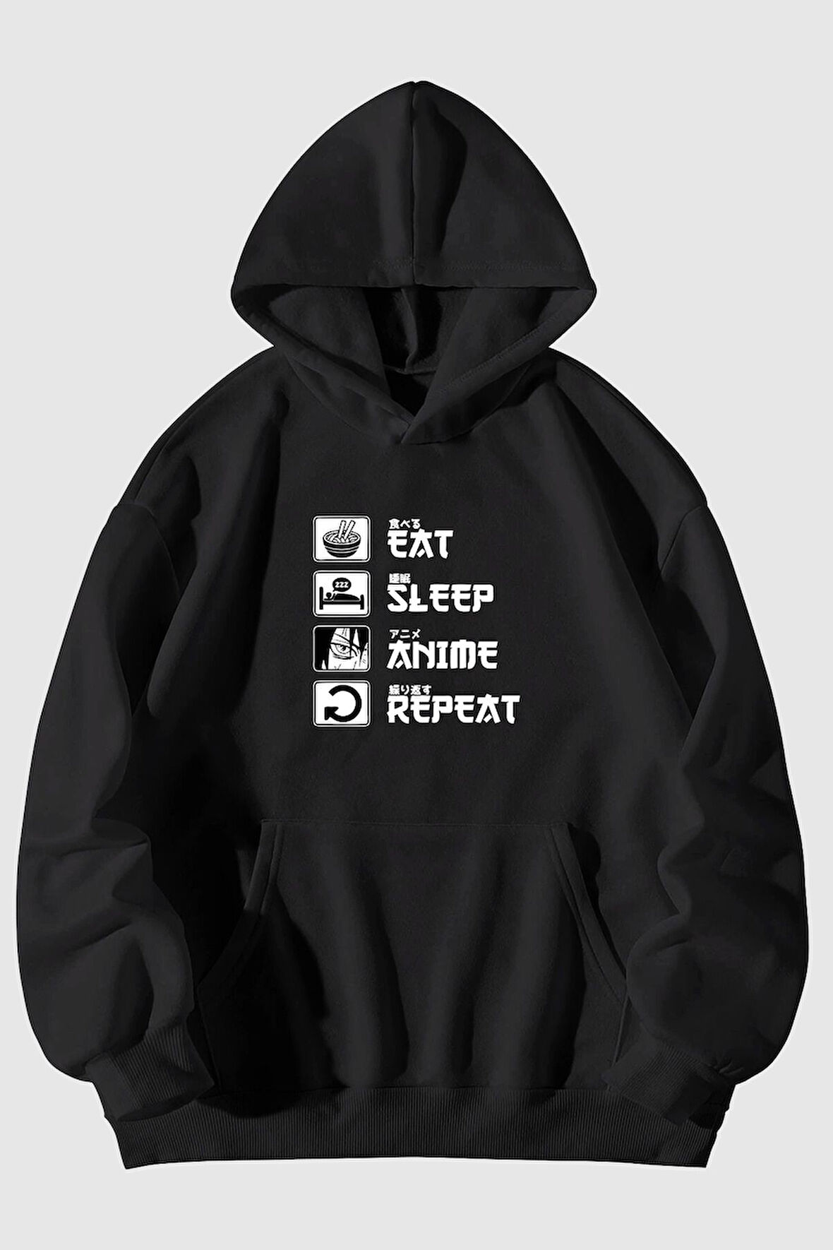 Eat Sleep Anime Repeat Baskılı Unisex Siyah Kanguru Cepli Kapüşonlu Sweatshirt Hoodie | S