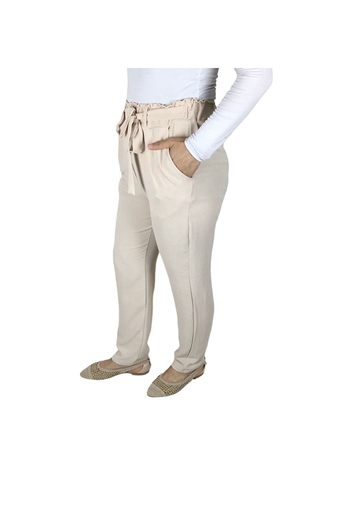 KADIN BELİ LASTİKLİ KUŞAKLI CEPLİ DAR PAÇA AYROBİN PANTOLON KREM-L