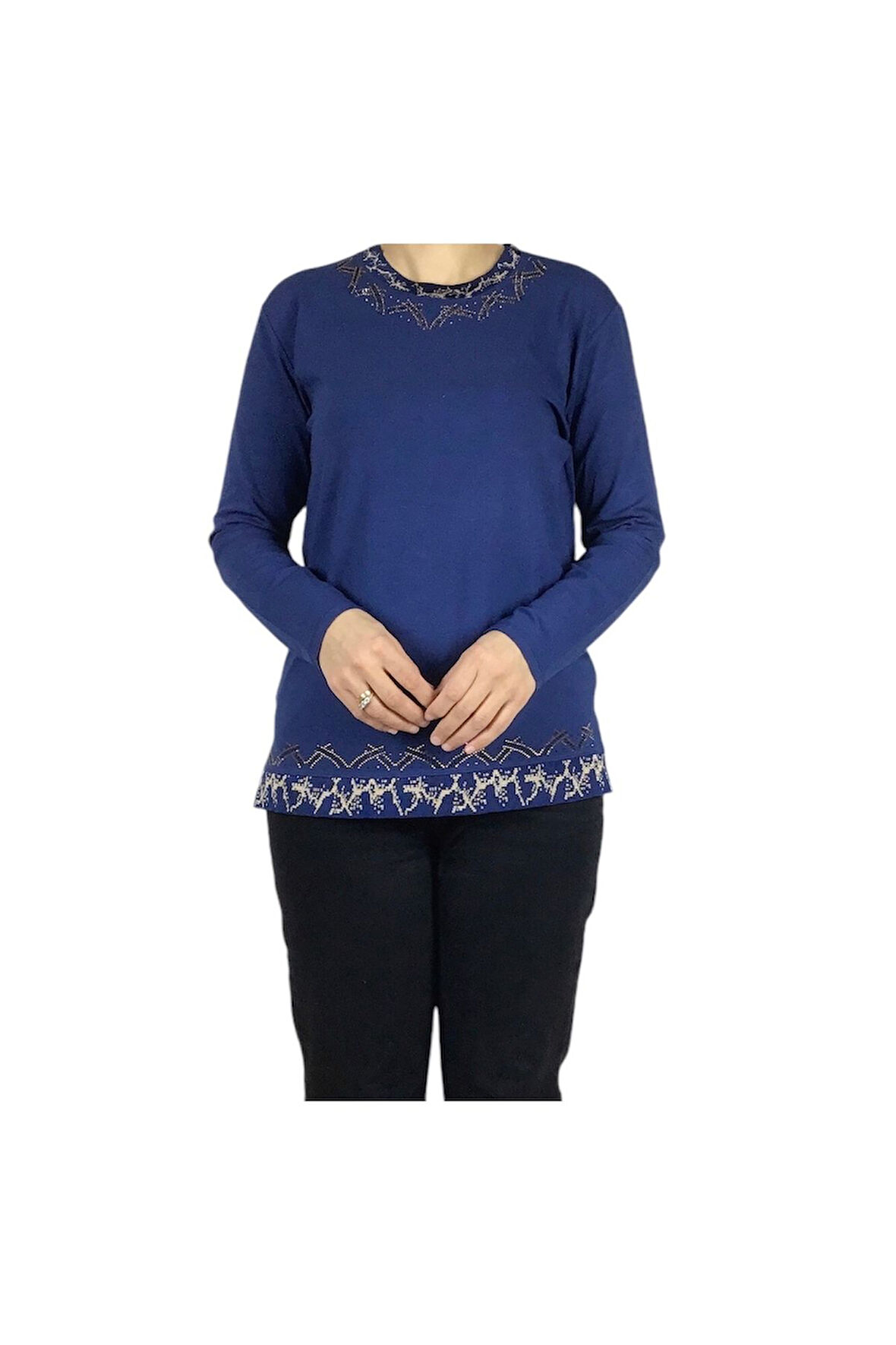 KADIN YAKA ETEK İŞLEME VE TAŞLI MEVSİMLİK NERGİS BLUZ