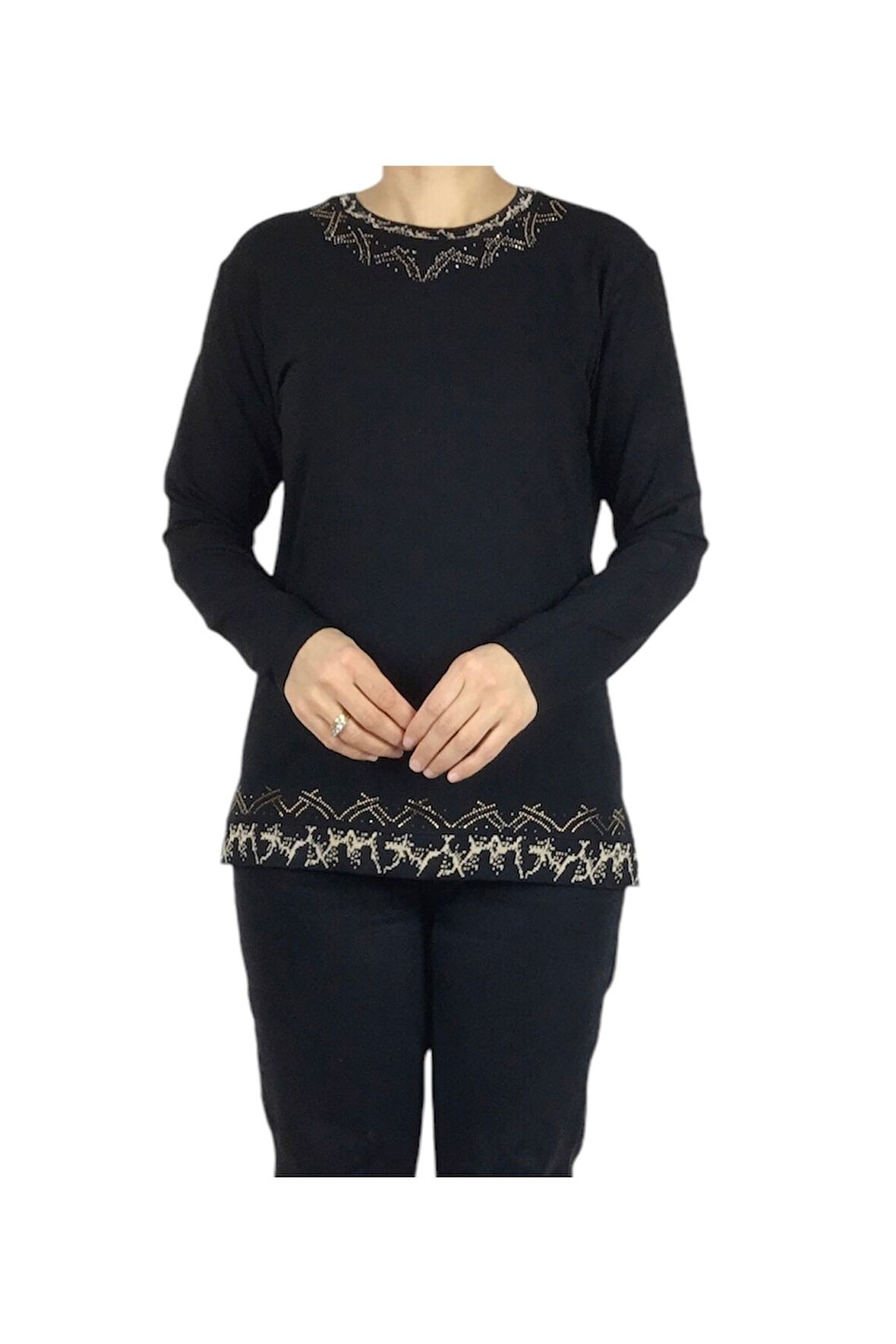 KADIN YAKA ETEK İŞLEME VE TAŞLI MEVSİMLİK NERGİS BLUZ