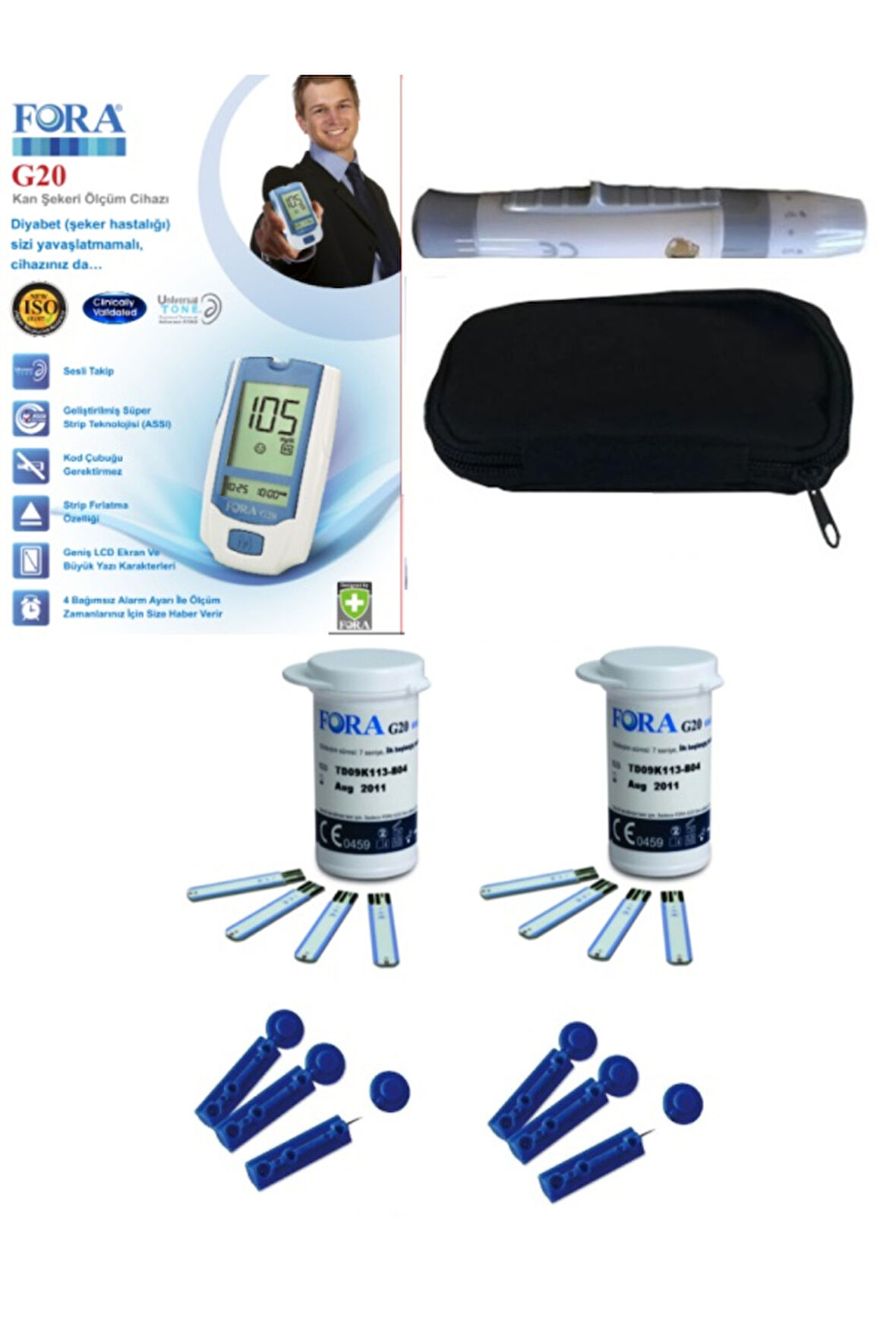 KOPYA - G20 Kan Şeker Ölçüm Cihazı 2 Kutu Strip Delme Kalemi Taşıma Çantası 1  kutu Lanset Iğne