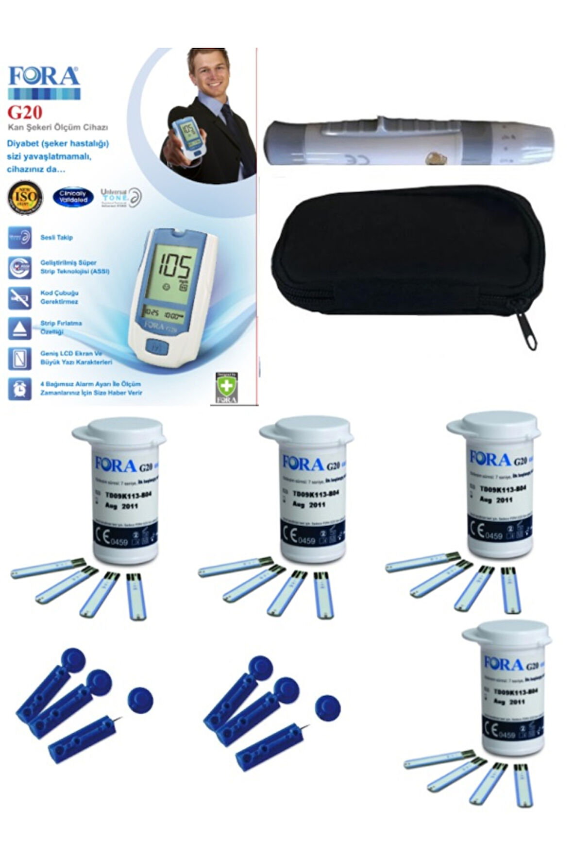  G20 Kan Şeker Ölçüm Cihazı 4 Kutu Strip Delme Kalemi Taşıma Çantası 2 kutu Lanset Iğne