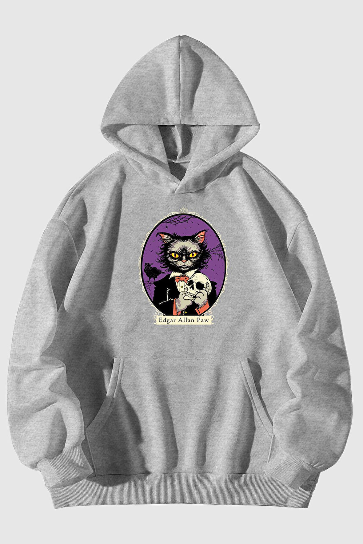 Edgar Allan Paw Baskılı Unisex Kanguru Cepli Kapüşonlu Sweatshirt Hoodie | L