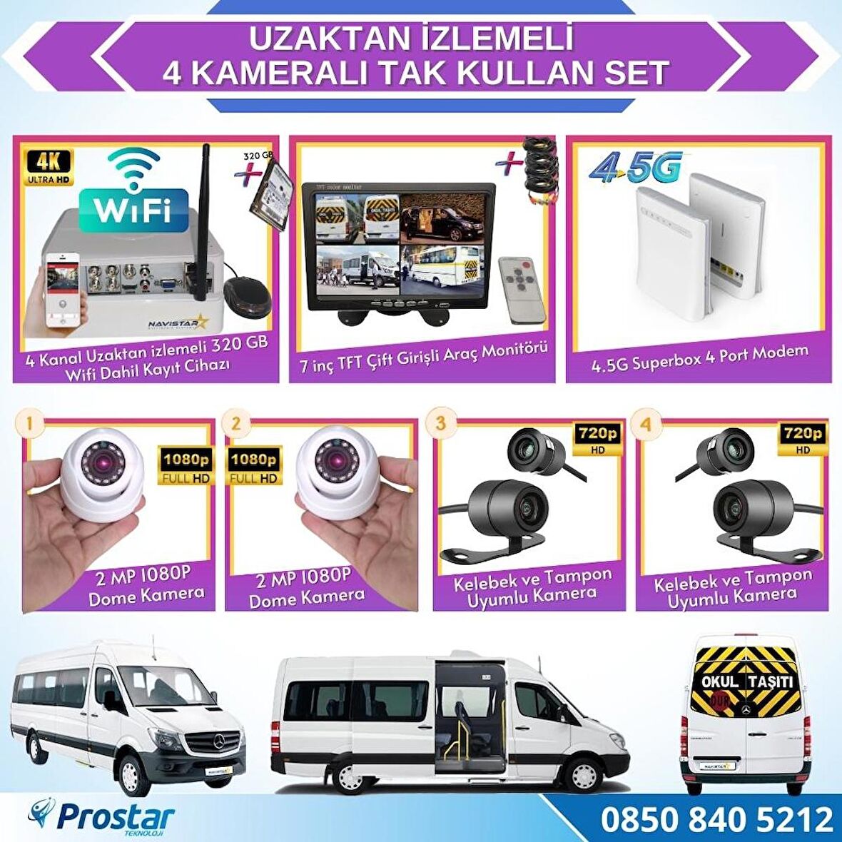 Uzaktan izlemeli 4 Kameralı Wifi 4G 320 GB Harddisk 7 inç Ekranlı Araç Kamera Seti