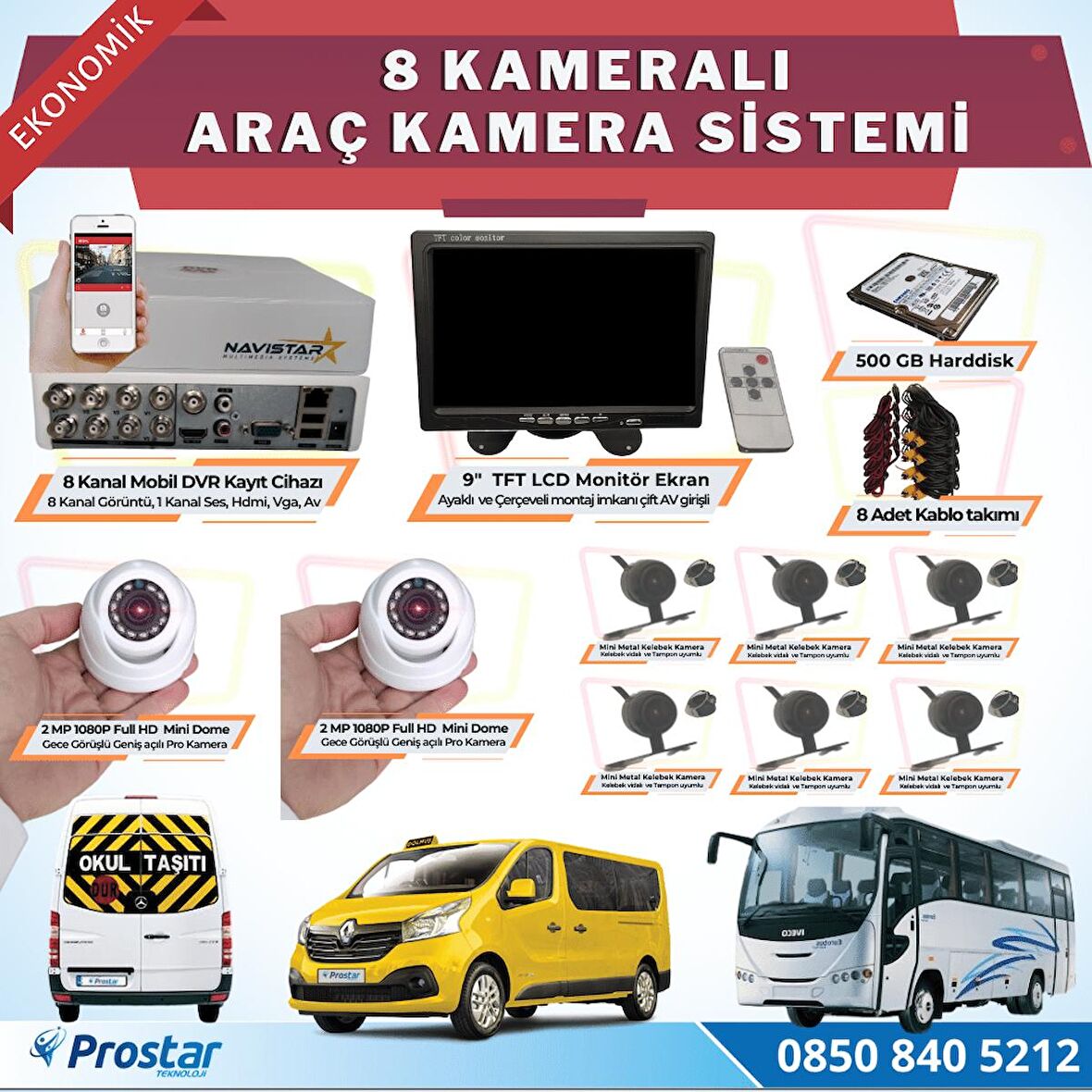 8 Kameralı Kayıtlı 1 TB HDD 9  inç Ekranlı Uzaktan İzlemeli Tak Kullan Set
