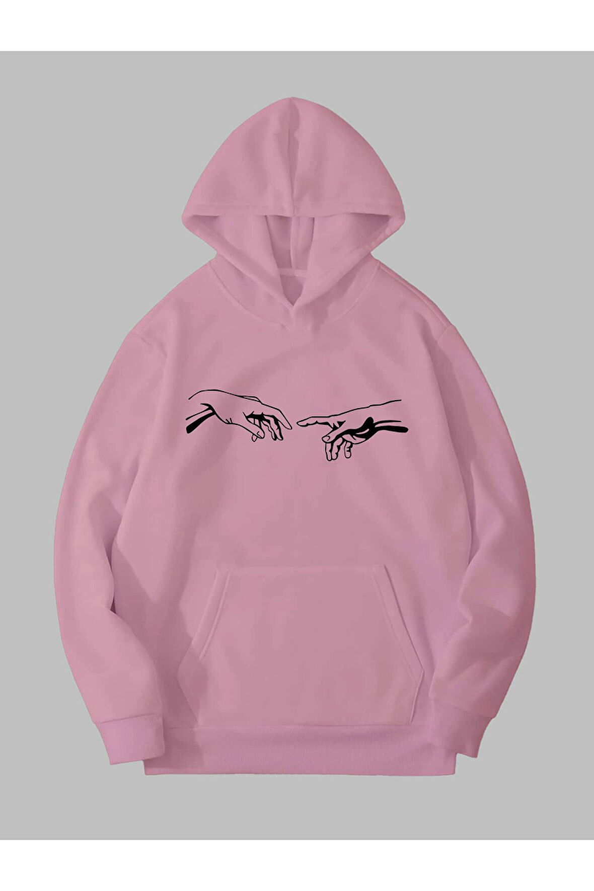 Üç İplik Michelangelo Eller Baskılı Unisex Pembe Kanguru Cepli Kapüşonlu Sweatshirt Hoodie | XL