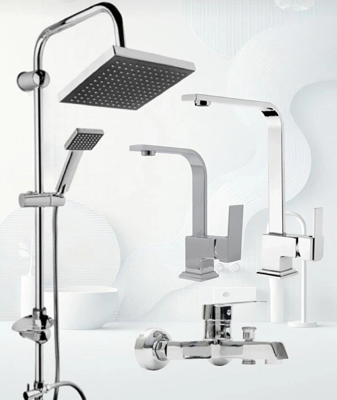ROBOT DUŞ SETİ AĞIR KARE BANYO, LAVABO, MUTFAK BATARYASI MUSLUĞU 4’LÜ SET TAKIM GARANTİLİ