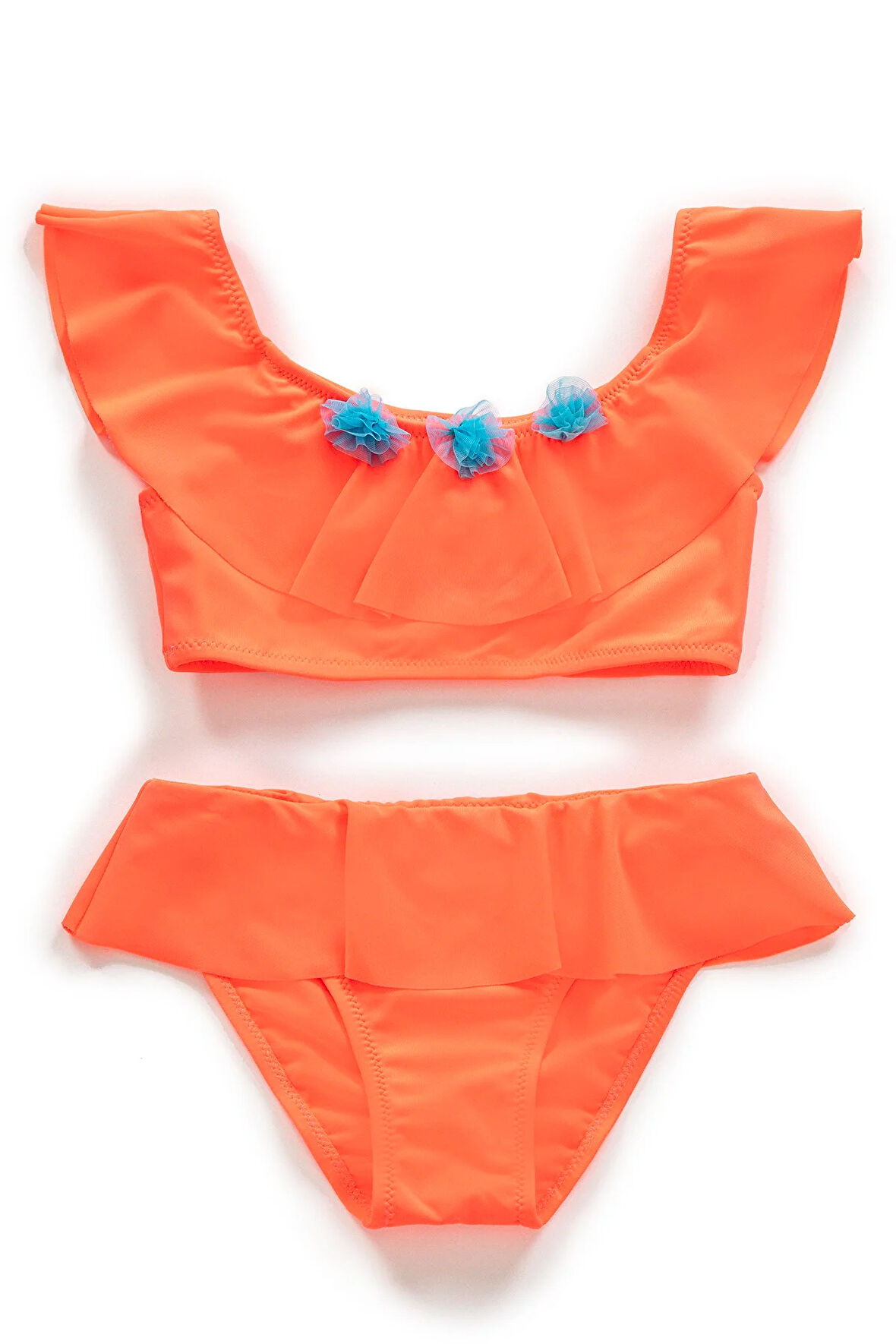 Endeep Kız Çocuk Volanlı Aksesuarlı Turuncu Bikini Takımı