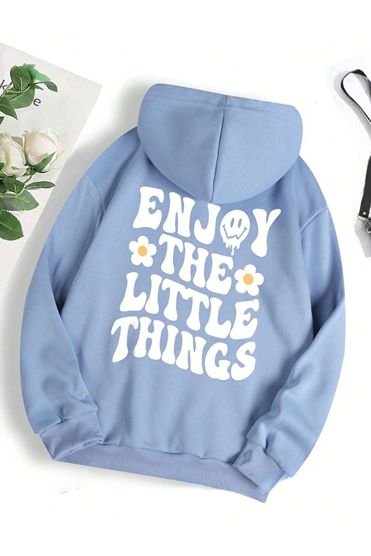 3 Iplik Kalın Pofuduk Enjoy Baskılı Bebe Mavisi Unisex Kanguru Cepli Kapüşonlu Sweatshirt Hoodie | S