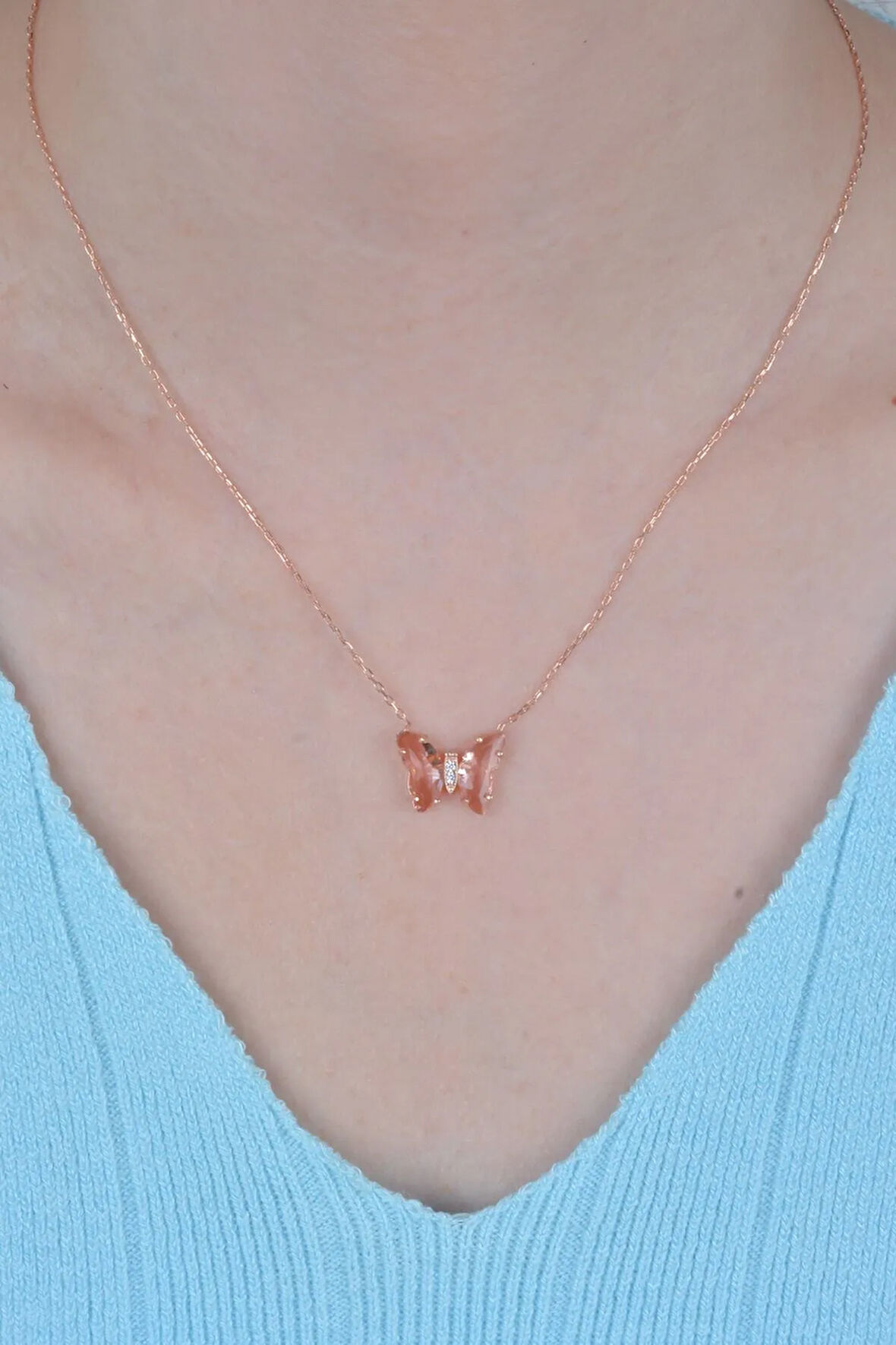 925 Ayar Gümüş Pembe Taşlı Kelebek Kolye