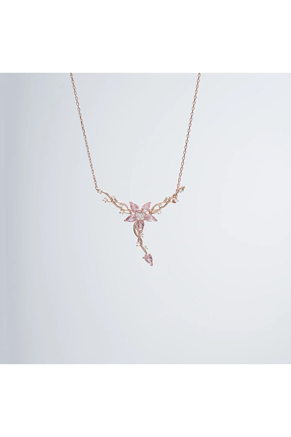 925 Ayar Gümüş Rose Daldaki Gonca Pembe Çiçek Kolye
