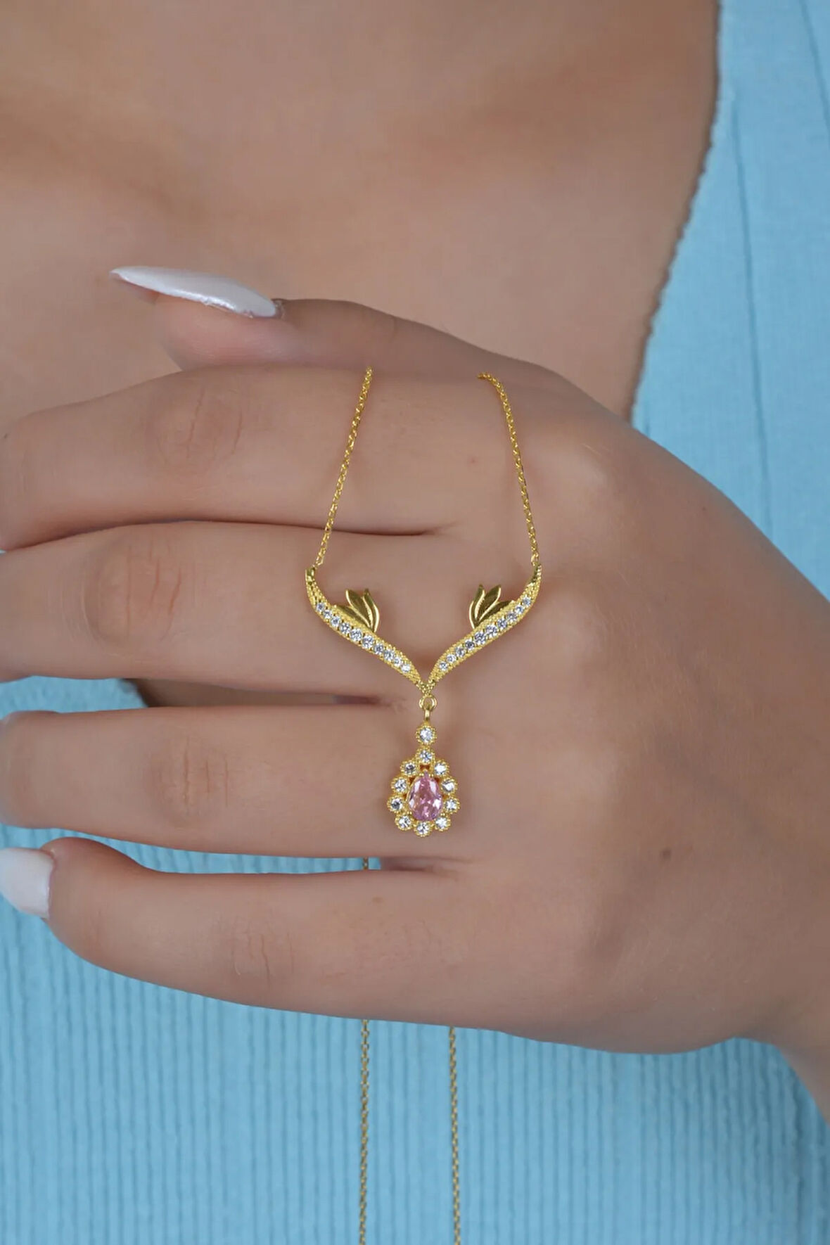 925 Ayar Gümüş Gold Yeşil Damla Taşlı Tasarım Kolye