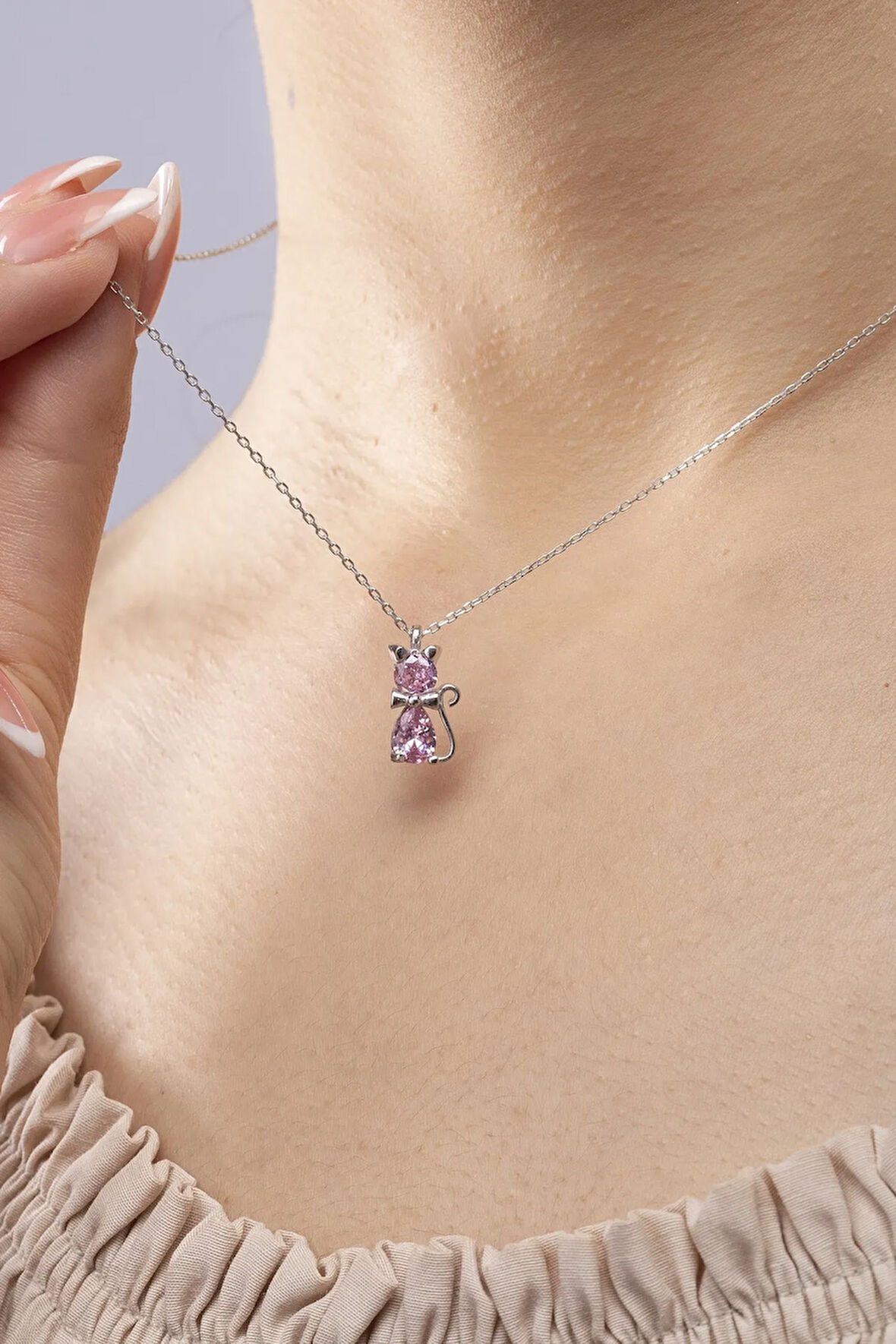 925 Ayar Gümüş Kolye Kadın Pembe Taşlı Kedi Kolye