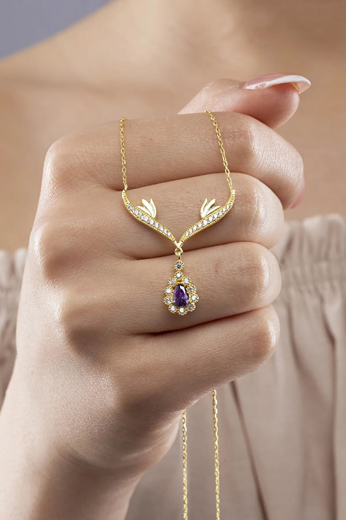 925 Ayar Gümüş Zümrüt Taşlı Gold Damla Model Kadın Kolye