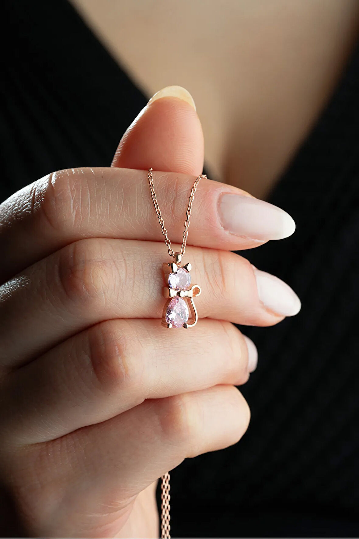 925 Ayar Gümüş Rose Kaplama Pembe Taşlı Kedi Kolye