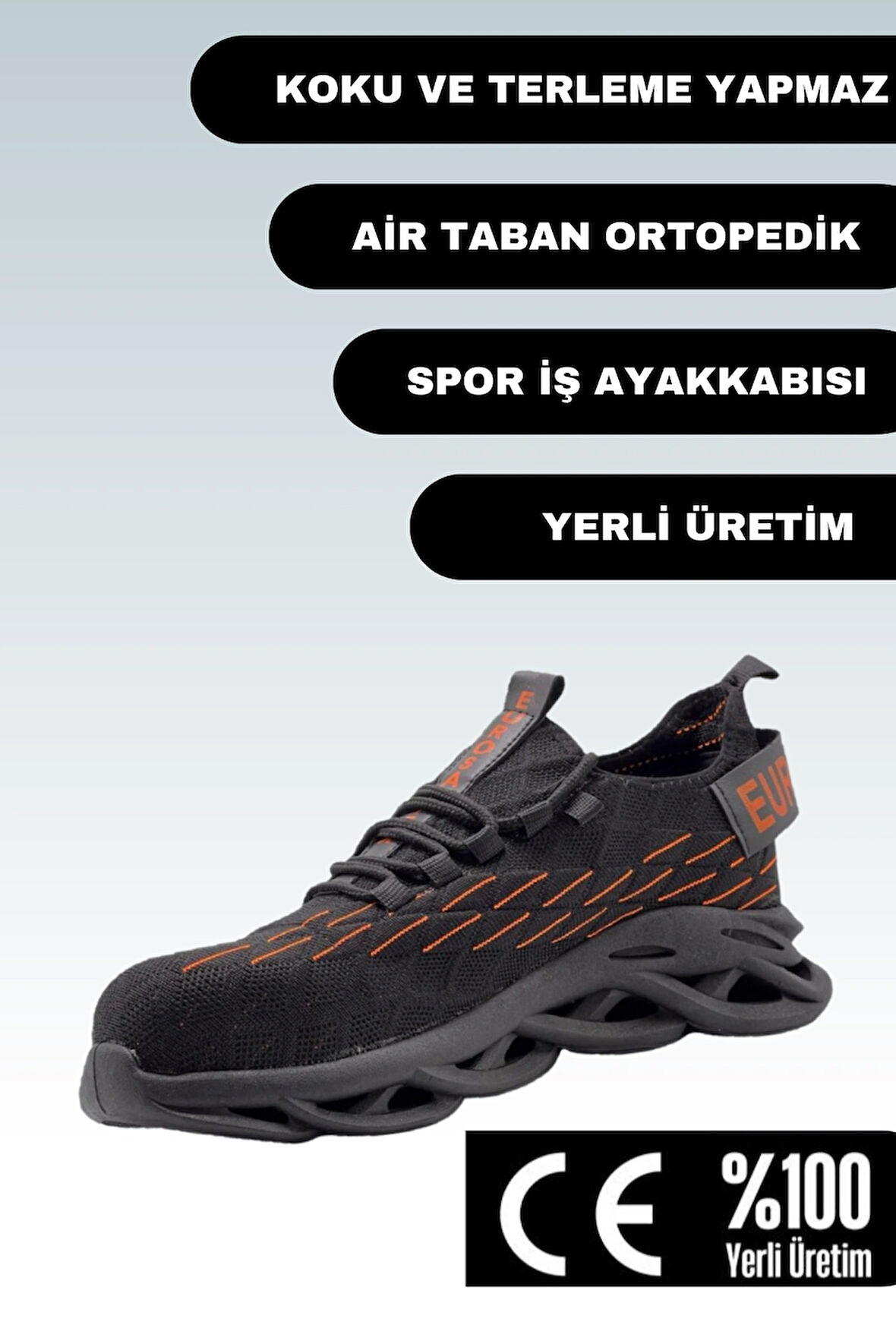 Eurosantex Spor İş Ayakkabısı Air Taban Ortopedik Çelik Burunlu İş Ayakkabısı Siyah