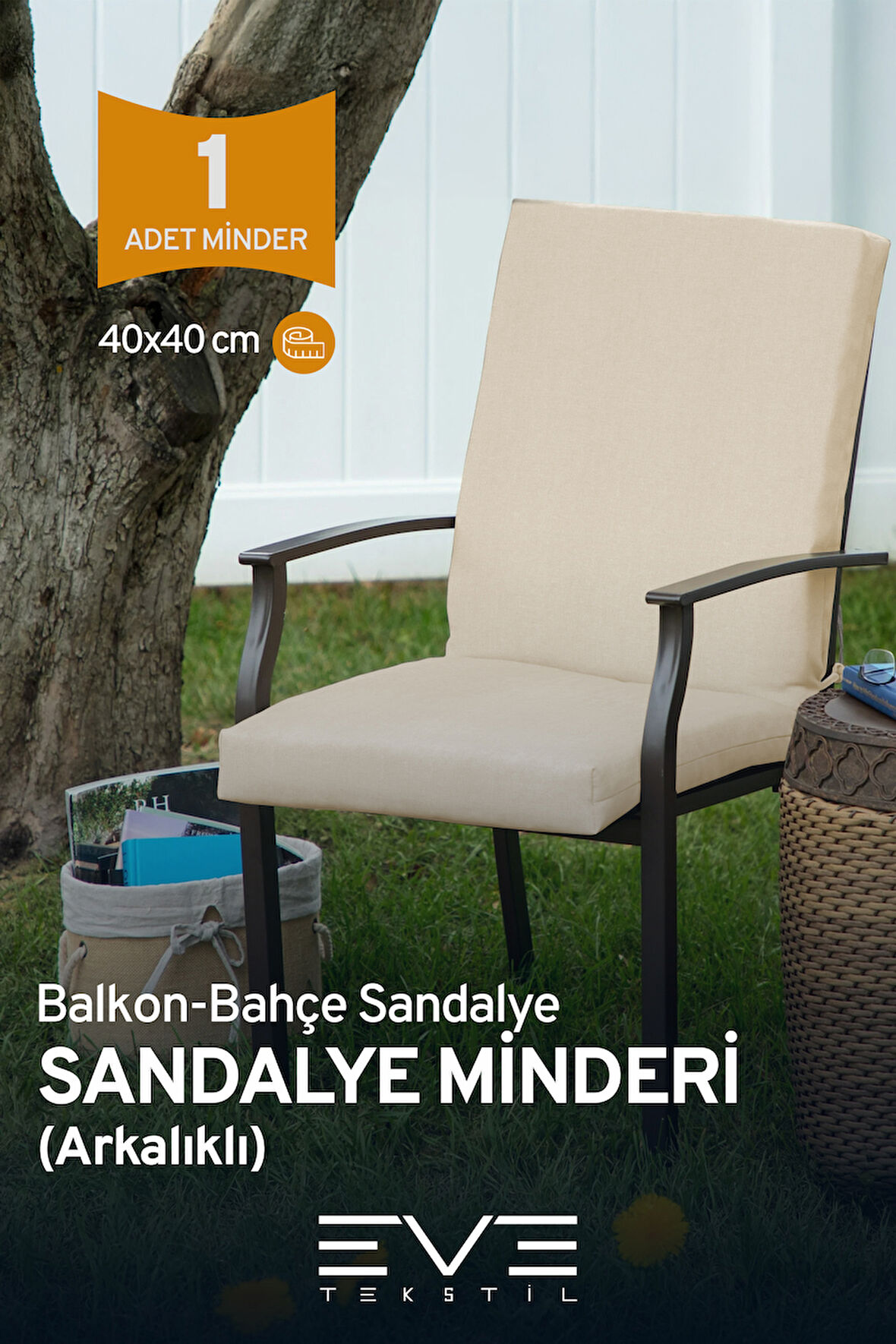 Bahçe - Salon - Balkon Arkalıklı Fermuarlı Bağlanabilir Yıkanabilir Sandalye Minderi 1 Adet