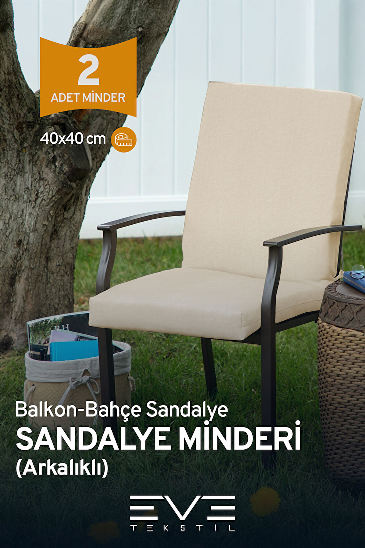 Bahçe - Salon - Balkon Arkalıklı Fermuarlı Bağlanabilir Yıkanabilir Sandalye Minderi 2 Adet