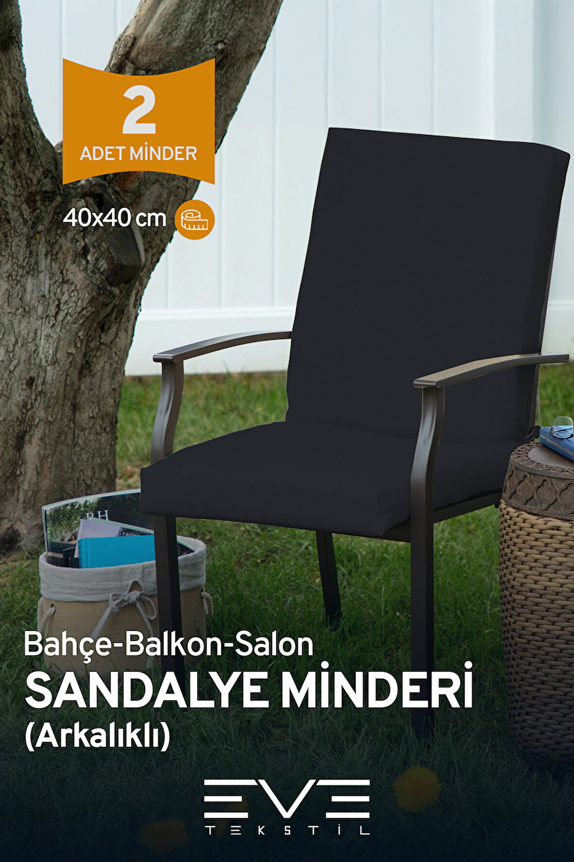 Bahçe - Salon - Balkon Arkalıklı Fermuarlı Bağlanabilir Yıkanabilir Sandalye Minderi 2 Adet