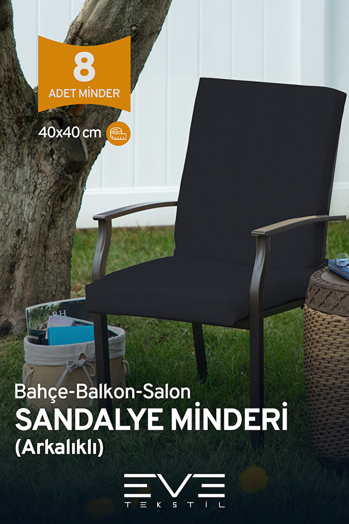 Bahçe - Salon - Balkon Arkalıklı Fermuarlı Bağlanabilir Yıkanabilir Sandalye Minderi 8 Adet