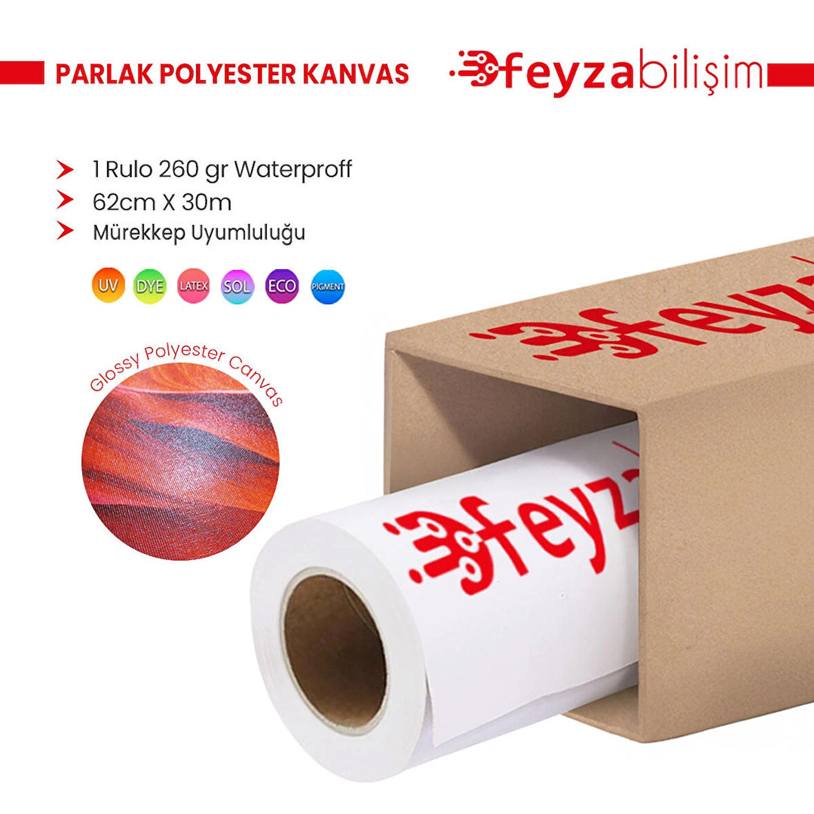 Feyza Bilişim® Polyester Glossy (Parlak) Kanvas 260 gr Dye Tuval İç Mekan 62cm x 30 mt (1 Rulo)