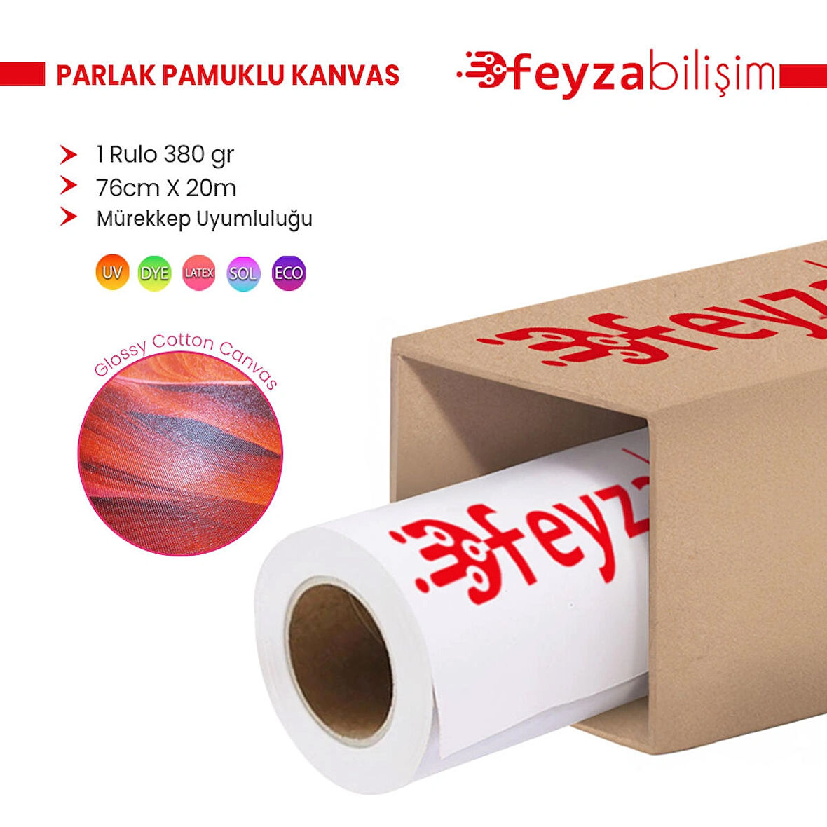 Feyza Bilişim® Cotton Kanvas Parlak %100 Pamuk Tuval 380gr Ecosolvent Latex Uv Uyumlu 76cmx 20 mt