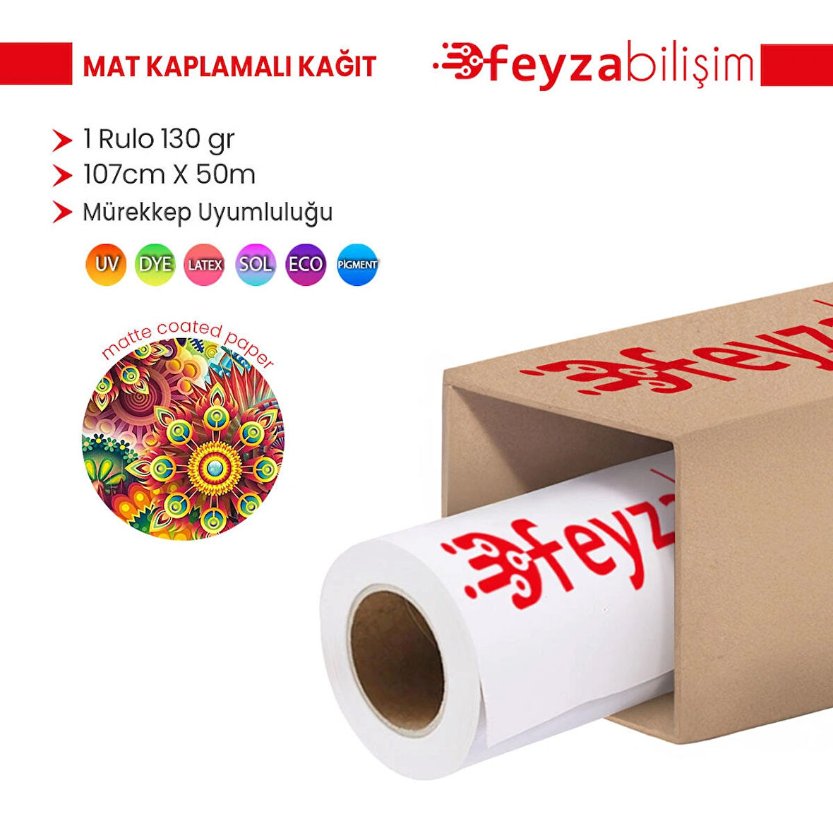 Feyza Bilişim® Premium Mat Coated Kağıt (Kaplamalı) 130 gr Rulo 107 cm x 50mt (1 Rulo)