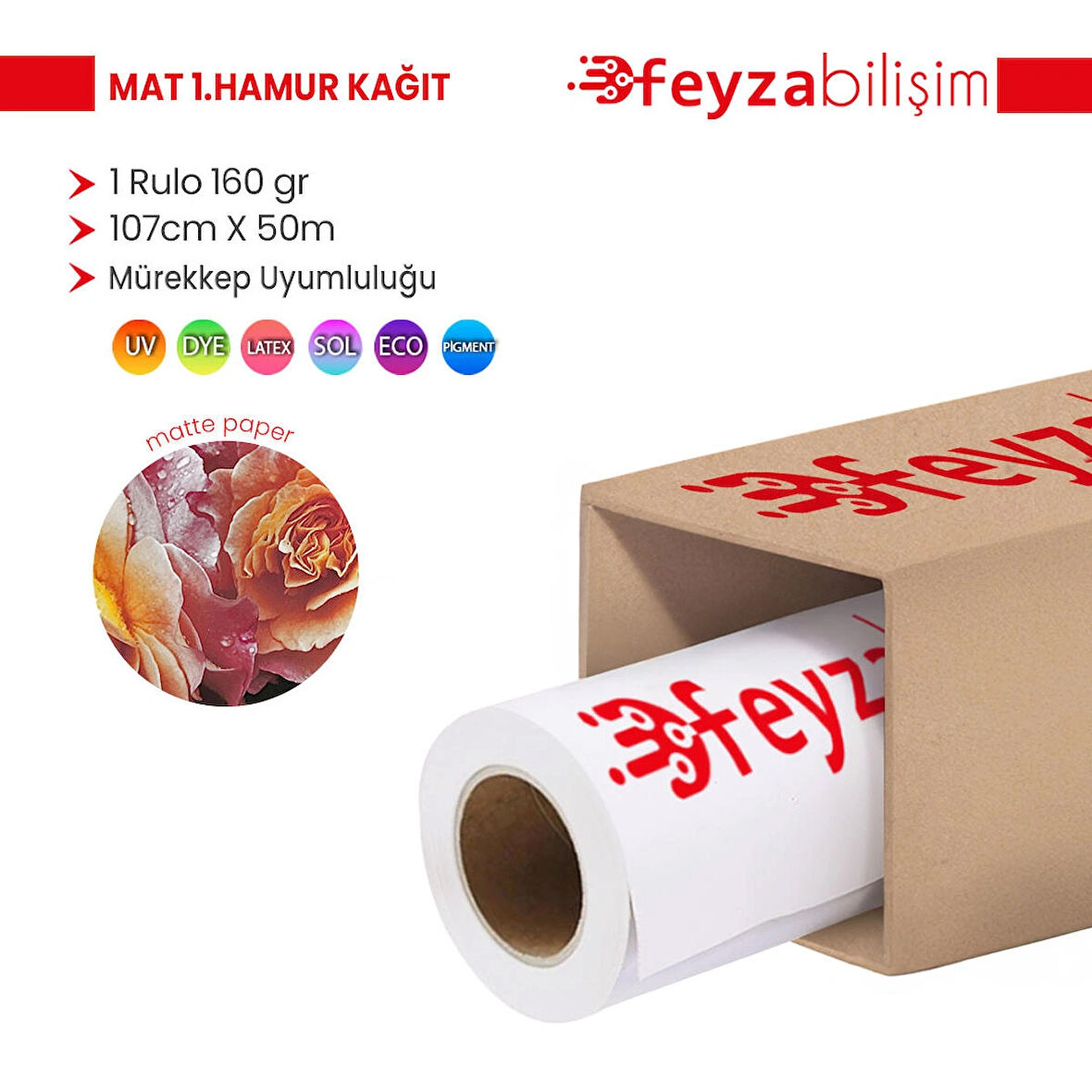 Feyza Bilişim® Premium 1 .Hamur Mat Kağıt Afiş Kağıdı 160 gr Rulo 107 cm x 50mt (1 Rulo)