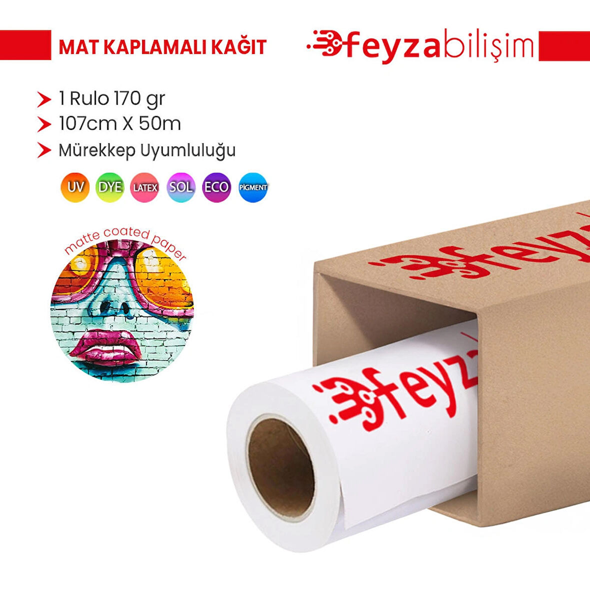 Feyza Bilişim® Premium Mat Coated Kağıt (Kaplamalı) 170 gr Rulo 107 cm x 50mt (1 Rulo)