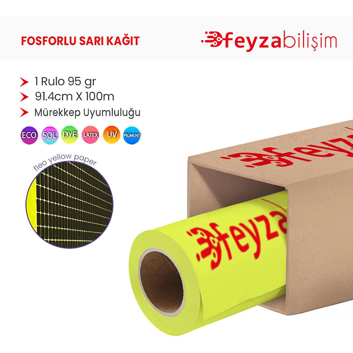 Feyza Bilişim® Flo Fosforlu Sarı (Floresan) Kağıt Rulo 95 gr 91.4 cm x 100 mt (1 Rulo)