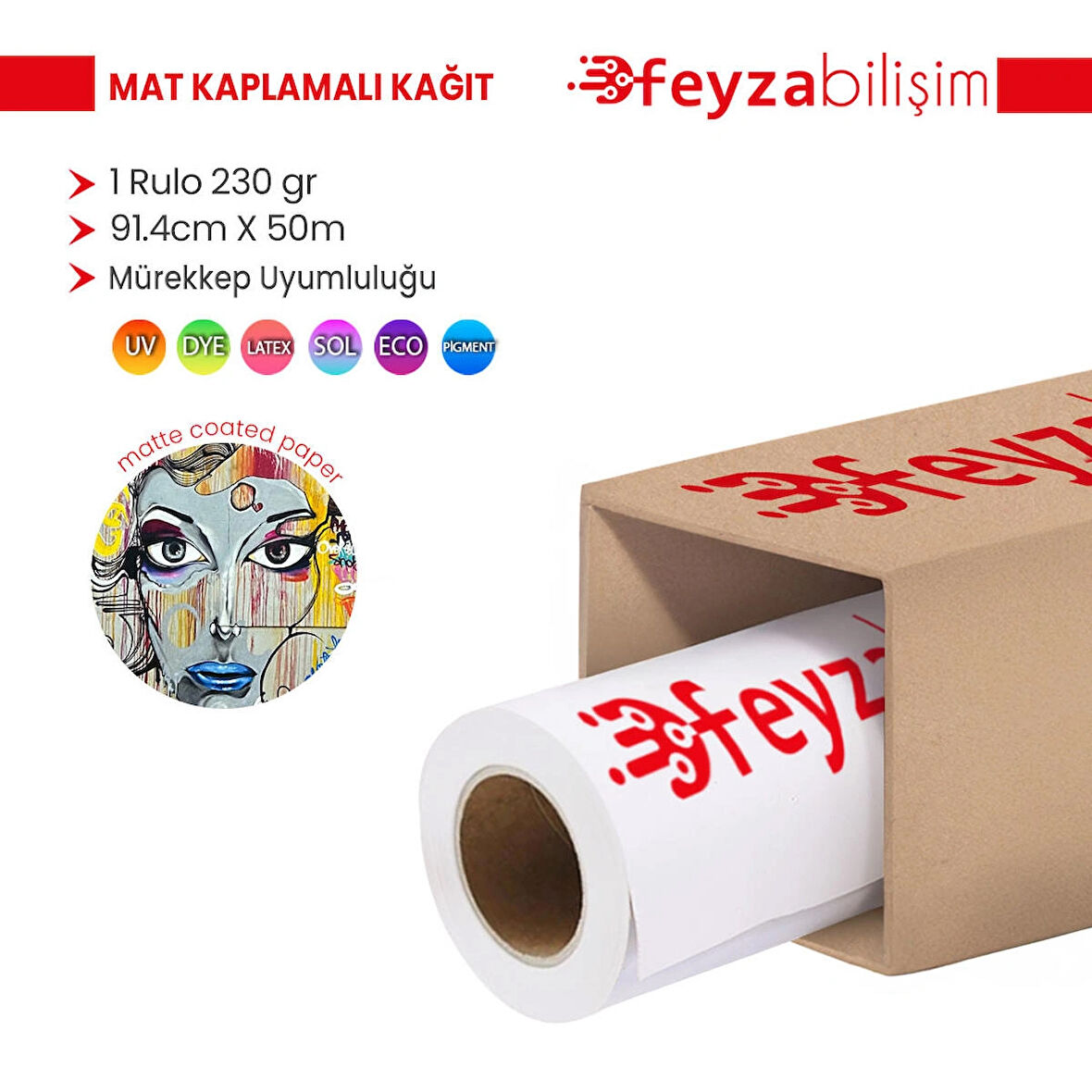 Feyza Bilişim® Premium Mat Coated Kağıt (Kaplamalı) 230 gr Rulo 91.4 cm x 50mt (1 Rulo)