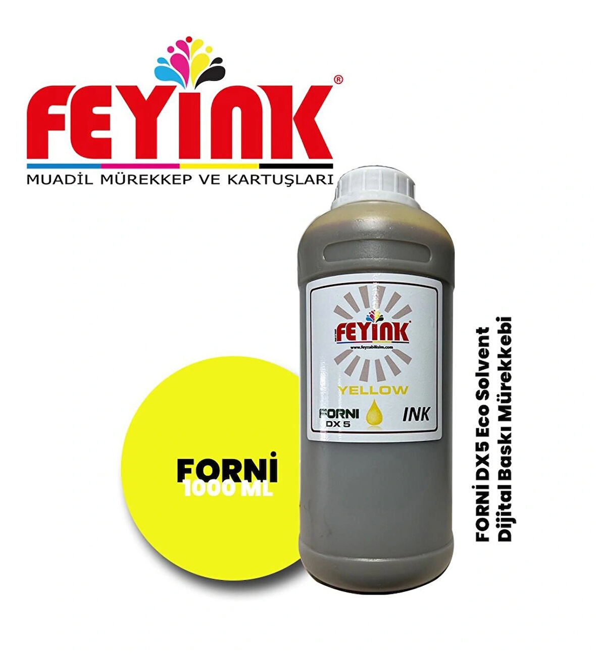 Feyink® Forni Ecosolvent Dijital Baskı Mürekkebi Epson DX5 Kafa Uyumlu Yellow (Sarı) -1000ml-