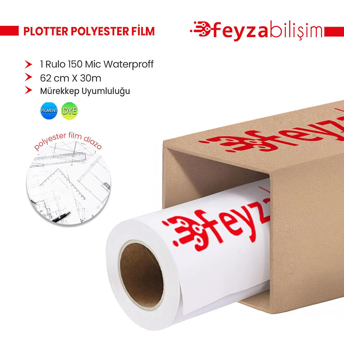 Feyza Bilişim® Plotter Polyesteri İnkjet Waterprof (Diazo) Kağıdı 150 Micron Rulo 62cm x 30mt -1 Rulo