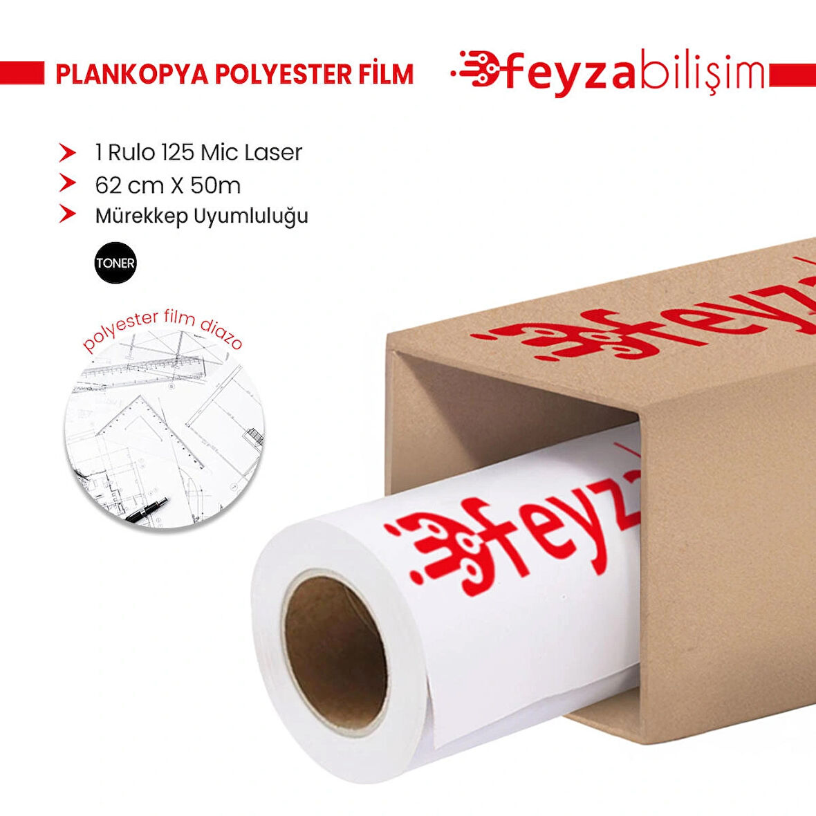 Feyza Bilişim® Plankopya Polyesteri Lazer (Diazo) Kağıdı 125 Micron Rulo 62cm x 50mt (1 Rulo)